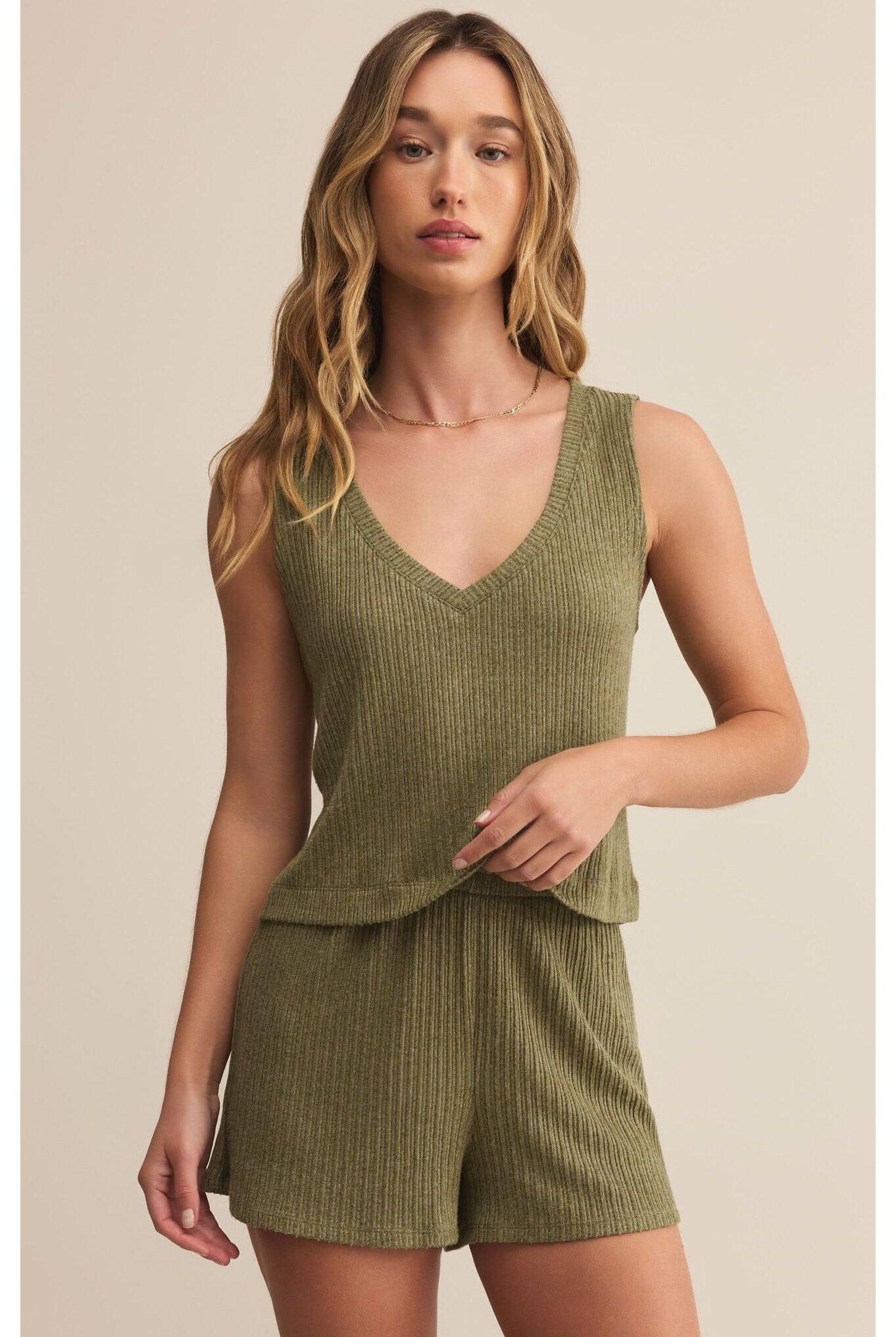 Z Supply Lounge Sloane V-Neck Rib Tank in Fern-Camis/Tanks-Z Supply Lounge-Deja Nu Boutique, Women's Fashion Boutique in Lampasas, Texas