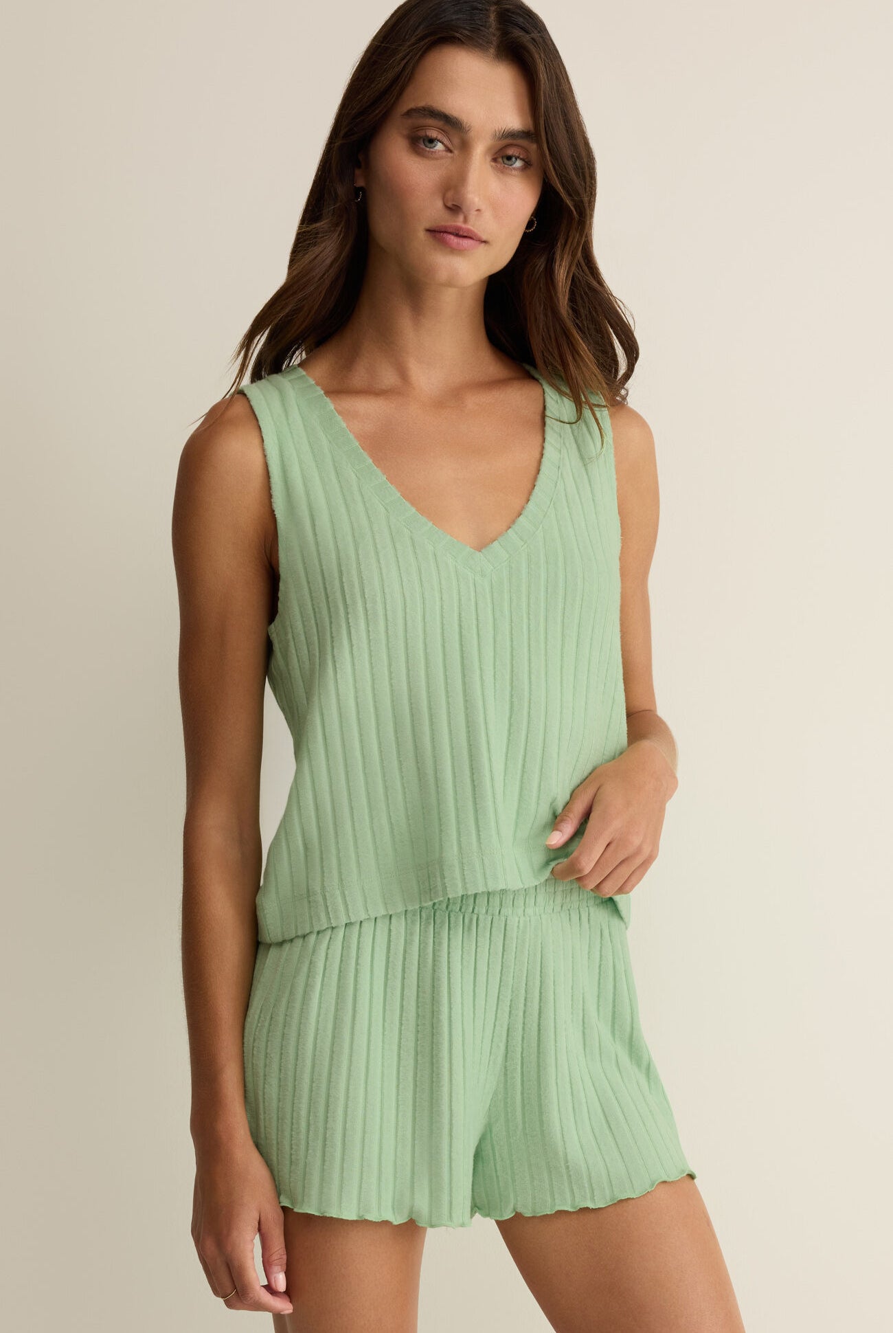 Z Supply Lounge Sloane V‑Neck Rib Tank in Sprout-Lounge Wear-Z Supply Lounge-Deja Nu Boutique, Women's Fashion Boutique in Lampasas, Texas