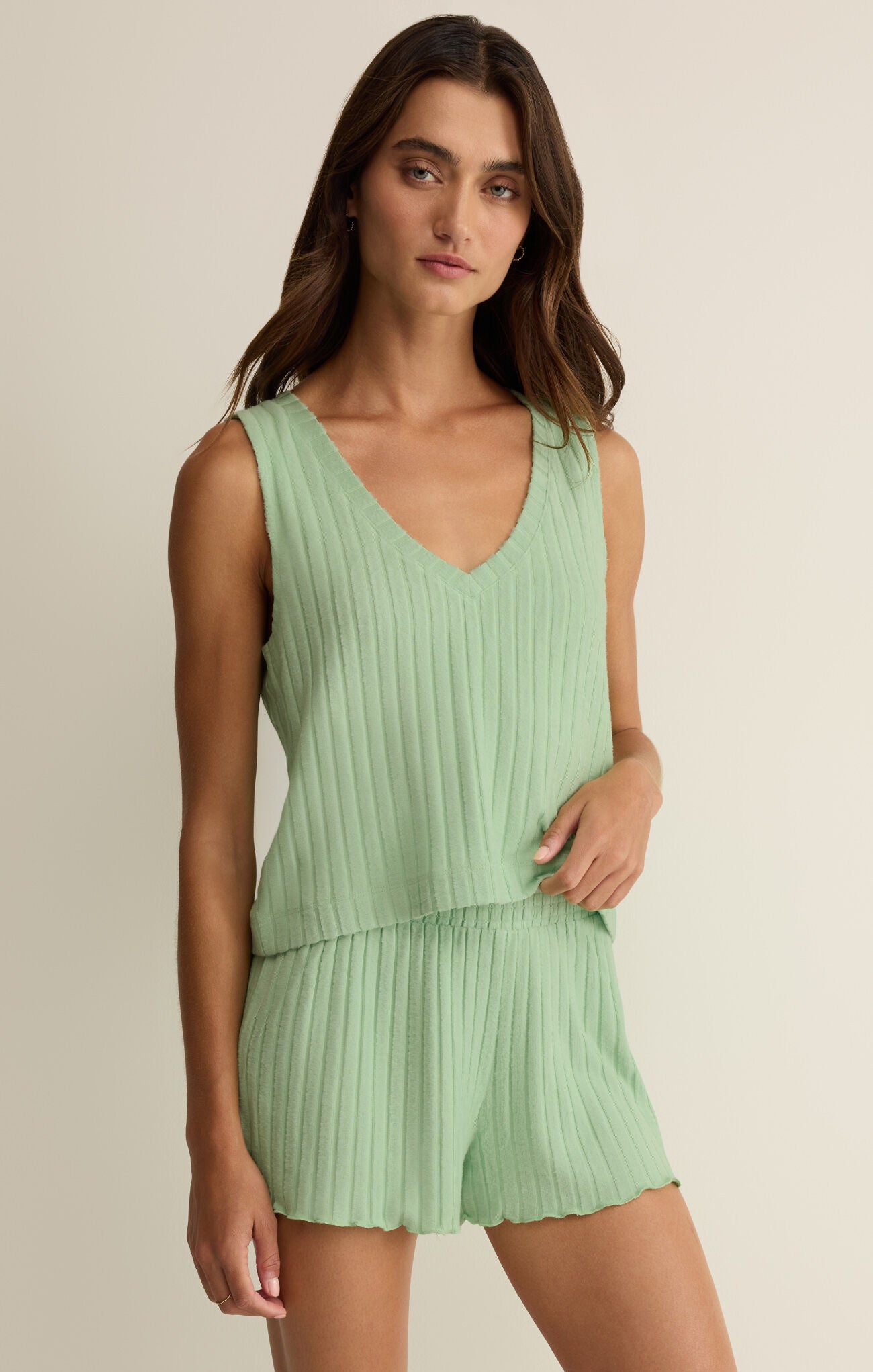 Z Supply Lounge Sloane V‑Neck Rib Tank in Sprout-Lounge Wear-Z Supply Lounge-Deja Nu Boutique, Women's Fashion Boutique in Lampasas, Texas