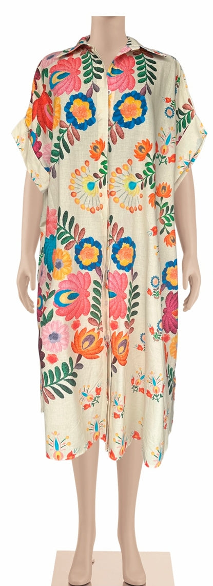 Zenara Woman Freya Multicolor Printed Cotton Shirt Dress with Belt-Midi Dresses-Zenara-Deja Nu Boutique, Women's Fashion Boutique in Lampasas, Texas