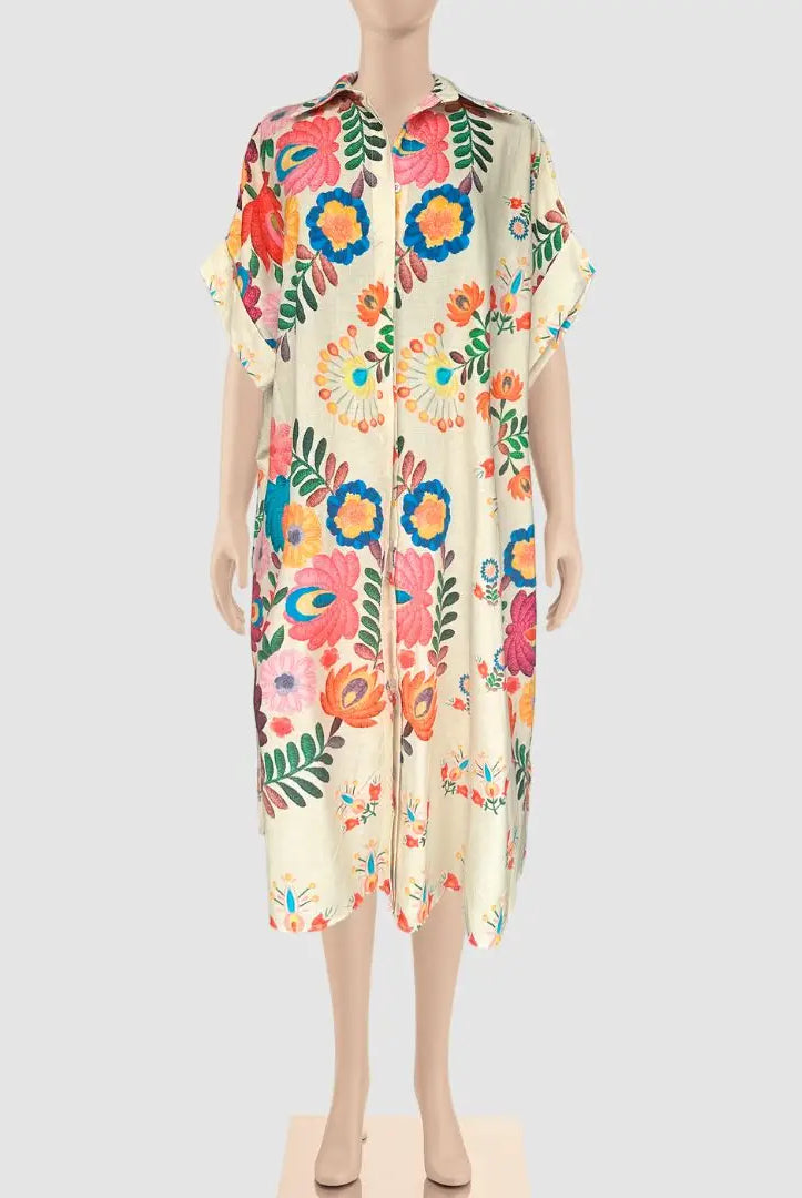 Zenara Woman Freya Multicolor Printed Cotton Shirt Dress with Belt-Midi Dresses-Zenara-Deja Nu Boutique, Women's Fashion Boutique in Lampasas, Texas