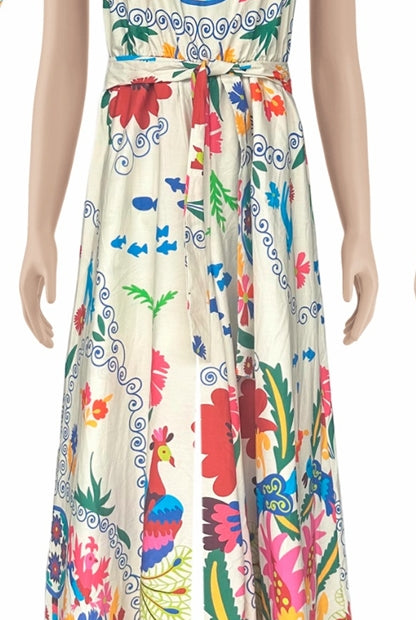 Zenara Woman Tropical Print Sleeveless Cotton Jumpsuit with Self-Tie Belt-Rompers & Jumpsuits-Zenara-Deja Nu Boutique, Women's Fashion Boutique in Lampasas, Texas