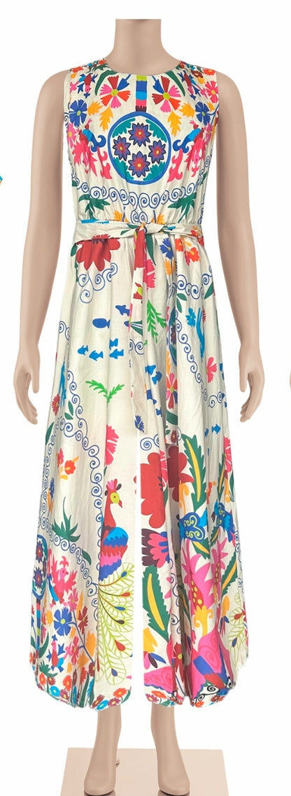 Zenara Woman Tropical Print Sleeveless Cotton Jumpsuit with Self-Tie Belt-Rompers & Jumpsuits-Zenara-Deja Nu Boutique, Women's Fashion Boutique in Lampasas, Texas