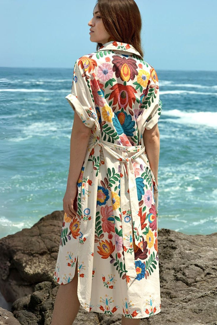 Zenara Woman Freya Multicolor Printed Cotton Shirt Dress with Belt-Midi Dresses-Zenara-Deja Nu Boutique, Women's Fashion Boutique in Lampasas, Texas