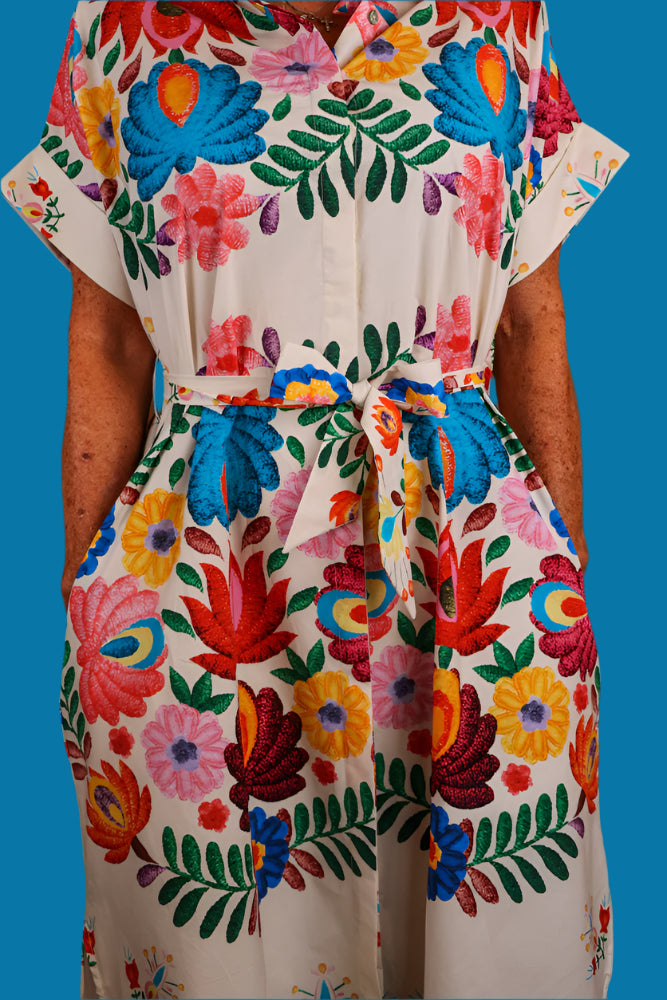 Zenara Woman Freya Multicolor Printed Cotton Shirt Dress with Belt-Midi Dresses-Zenara-Deja Nu Boutique, Women's Fashion Boutique in Lampasas, Texas