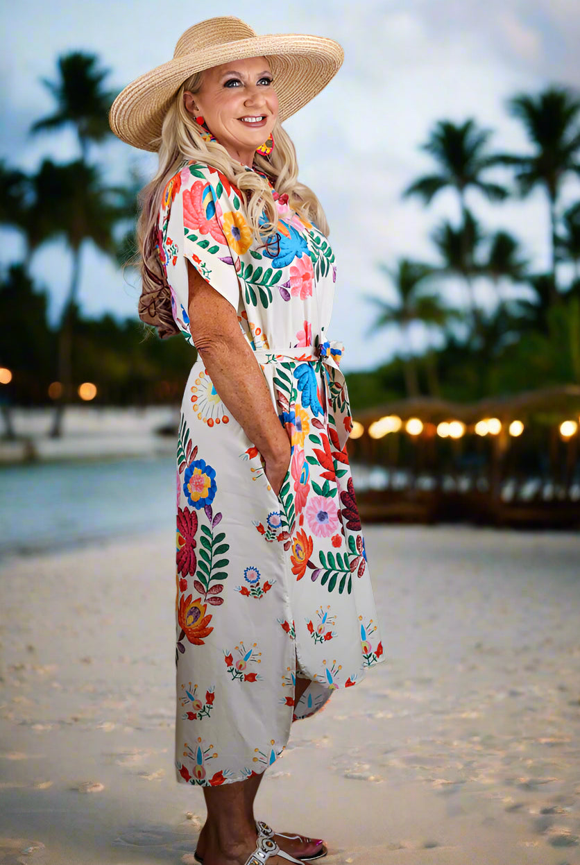 Zenara Woman Freya Multicolor Printed Cotton Shirt Dress with Belt-Midi Dresses-Zenara-Deja Nu Boutique, Women's Fashion Boutique in Lampasas, Texas