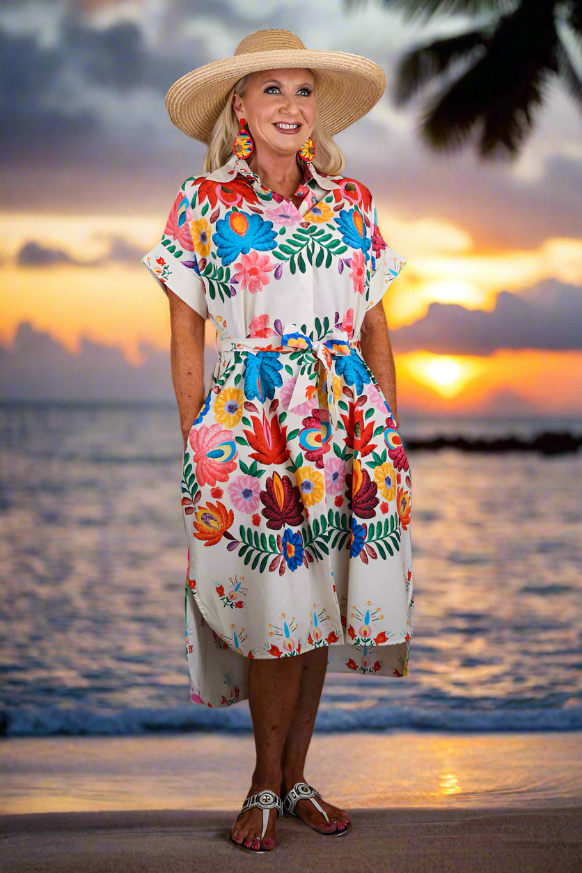 Zenara Woman Freya Multicolor Printed Cotton Shirt Dress with Belt-Midi Dresses-Zenara-Deja Nu Boutique, Women's Fashion Boutique in Lampasas, Texas