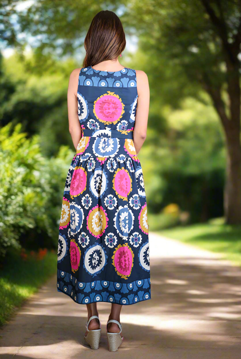 Zenara Woman Navy Multi-Print Belted Tank Dress-dress-Zenara-Deja Nu Boutique, Women's Fashion Boutique in Lampasas, Texas
