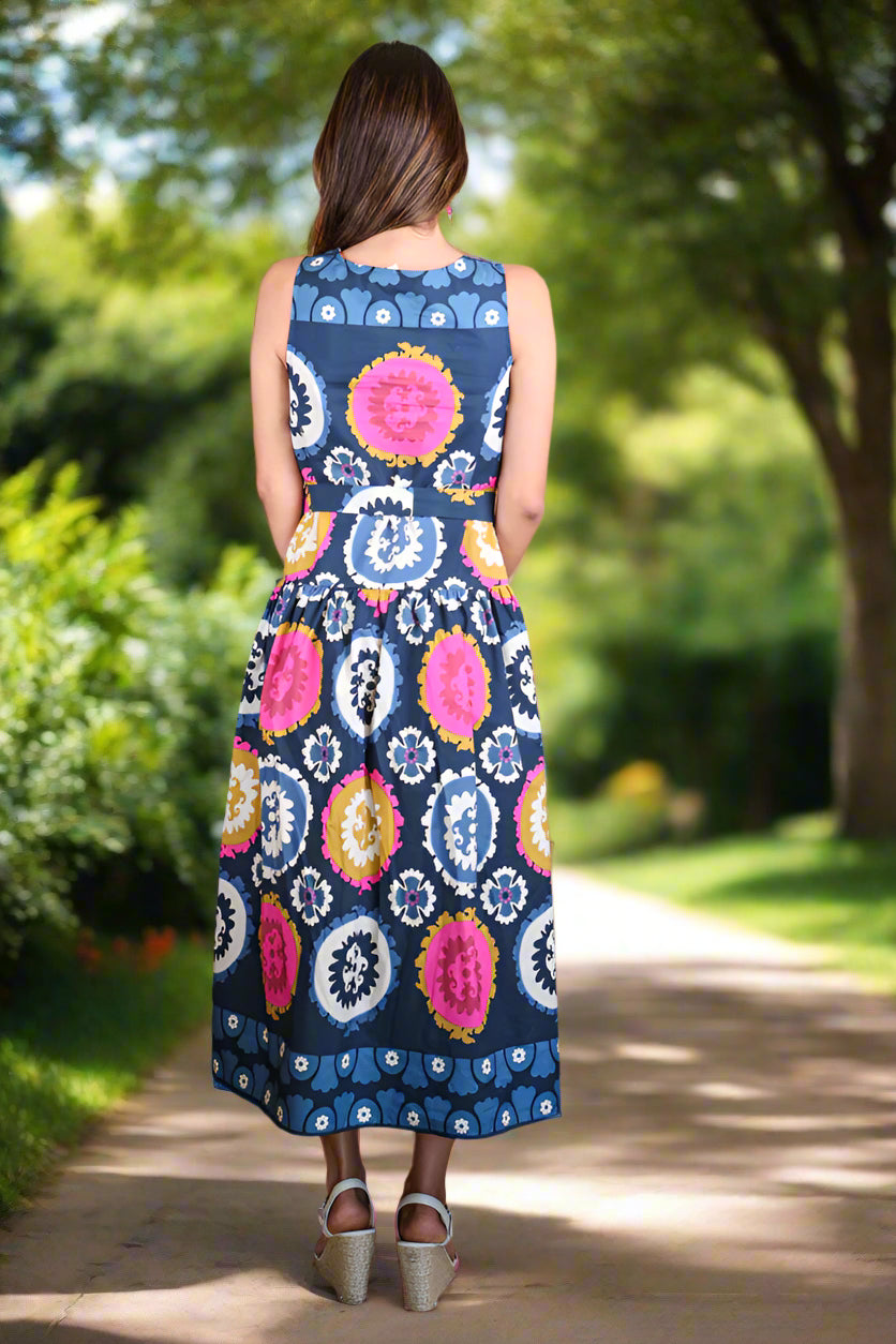 Zenara Woman Navy Multi-Print Belted Tank Dress-dress-Zenara-Deja Nu Boutique, Women's Fashion Boutique in Lampasas, Texas