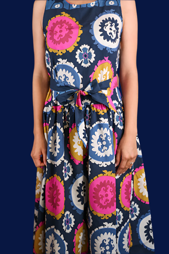 Zenara Woman Navy Multi-Print Belted Tank Dress-dress-Zenara-Deja Nu Boutique, Women's Fashion Boutique in Lampasas, Texas