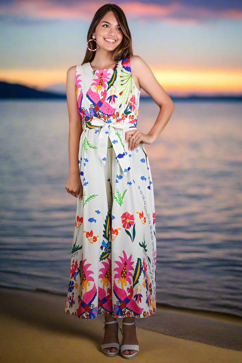 Zenara Woman Tropical Print Sleeveless Cotton Jumpsuit with Self-Tie Belt-Rompers & Jumpsuits-Zenara-Deja Nu Boutique, Women's Fashion Boutique in Lampasas, Texas
