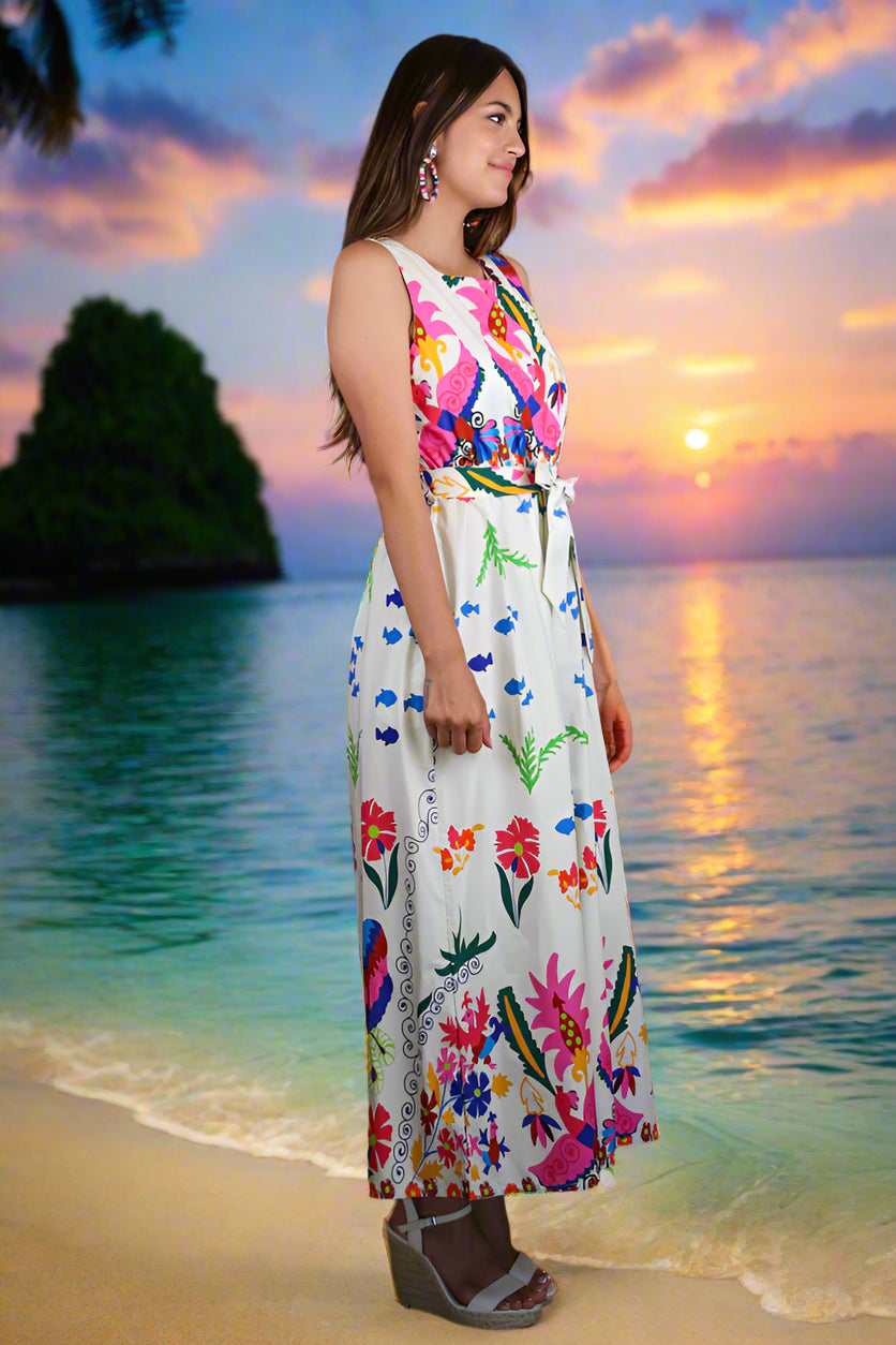 Zenara Woman Tropical Print Sleeveless Cotton Jumpsuit with Self-Tie Belt-Rompers & Jumpsuits-Zenara-Deja Nu Boutique, Women's Fashion Boutique in Lampasas, Texas