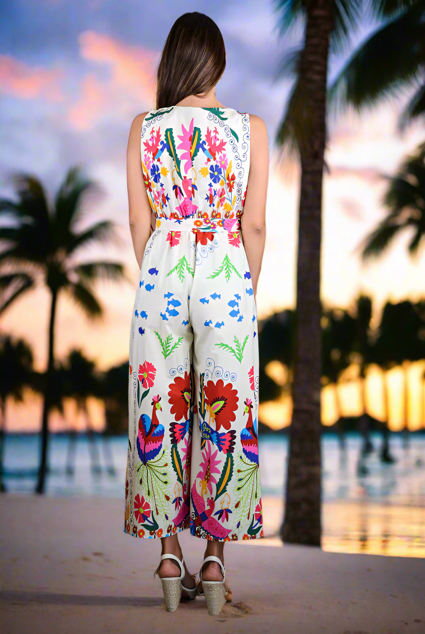 Zenara Woman Tropical Print Sleeveless Cotton Jumpsuit with Self-Tie Belt-Rompers & Jumpsuits-Zenara-Deja Nu Boutique, Women's Fashion Boutique in Lampasas, Texas