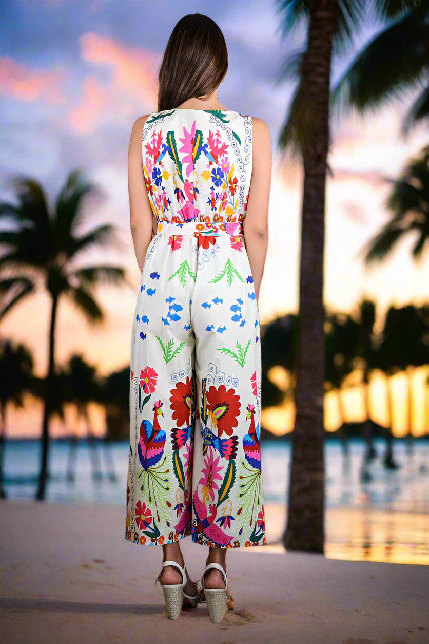 Zenara Woman Tropical Print Sleeveless Cotton Jumpsuit with Self-Tie Belt-Rompers & Jumpsuits-Zenara-Deja Nu Boutique, Women's Fashion Boutique in Lampasas, Texas