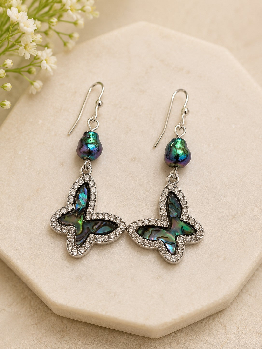Abalone Butterfly Rhinestone Dangle Earrings-Earrings-Deja Nu-Deja Nu Boutique, Women's Fashion Boutique in Lampasas, Texas