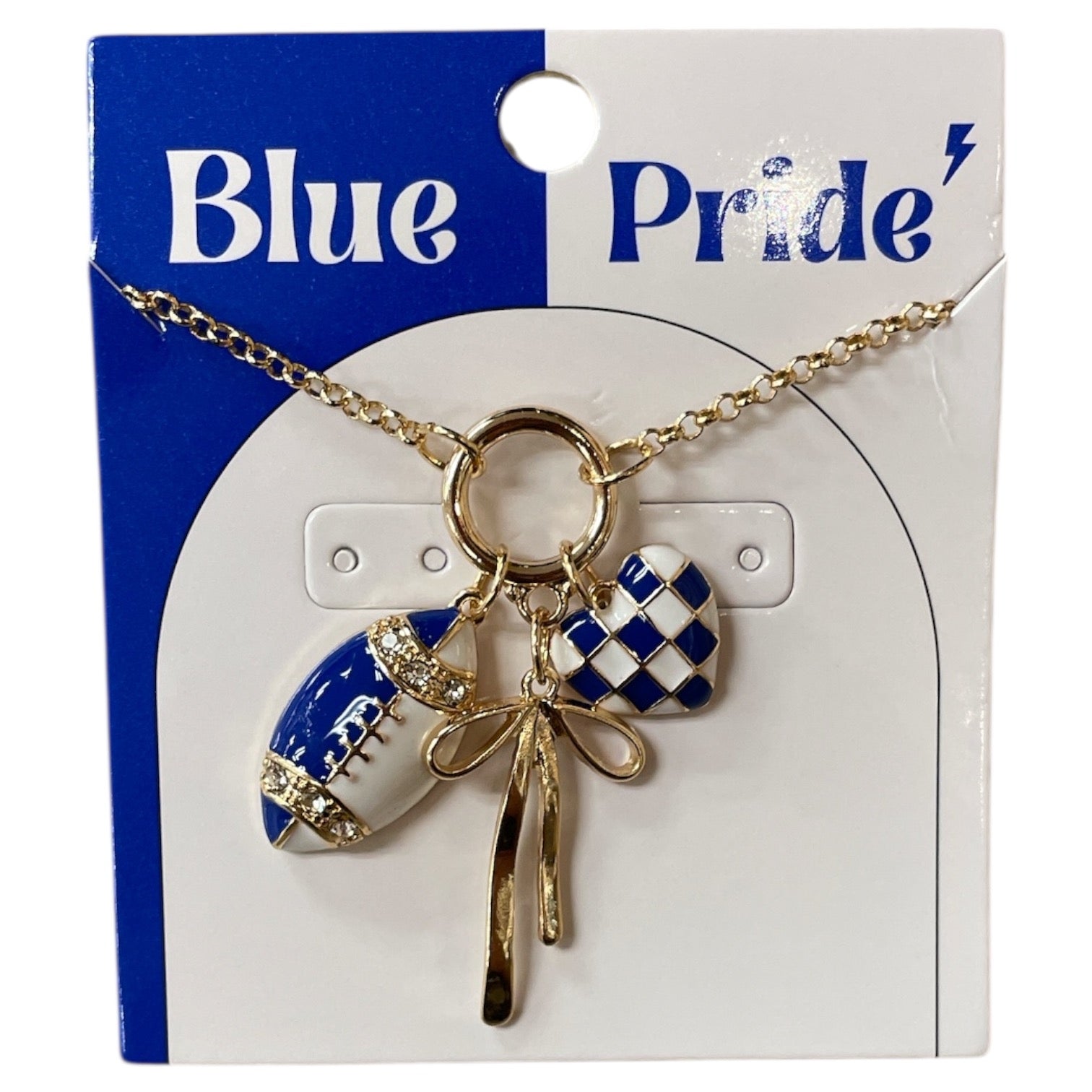All That Glitterz gold-tone necklace featuring a blue and white football charm, checker heart charm, bow detail, and game day inspired styling.