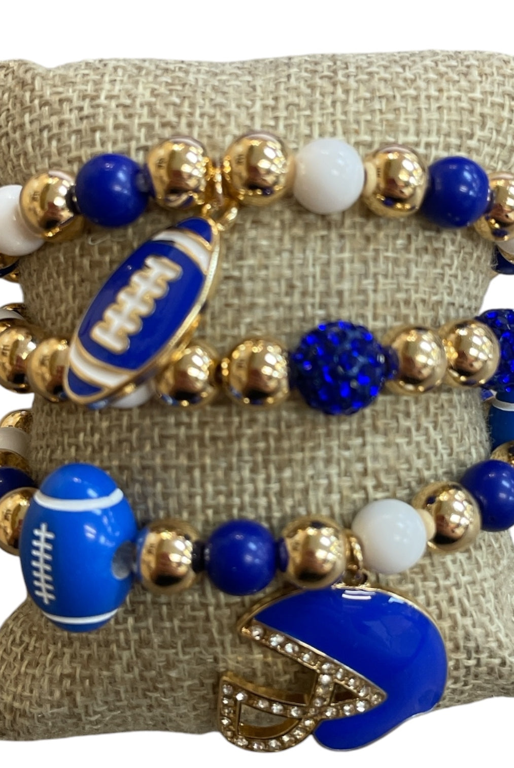 All That Glitterz Blue & White Multi Beaded Rhinestone Football Charm Bracelet Set-Bracelets-All That Glitterz-Deja Nu Boutique, Women's Fashion Boutique in Lampasas, Texas