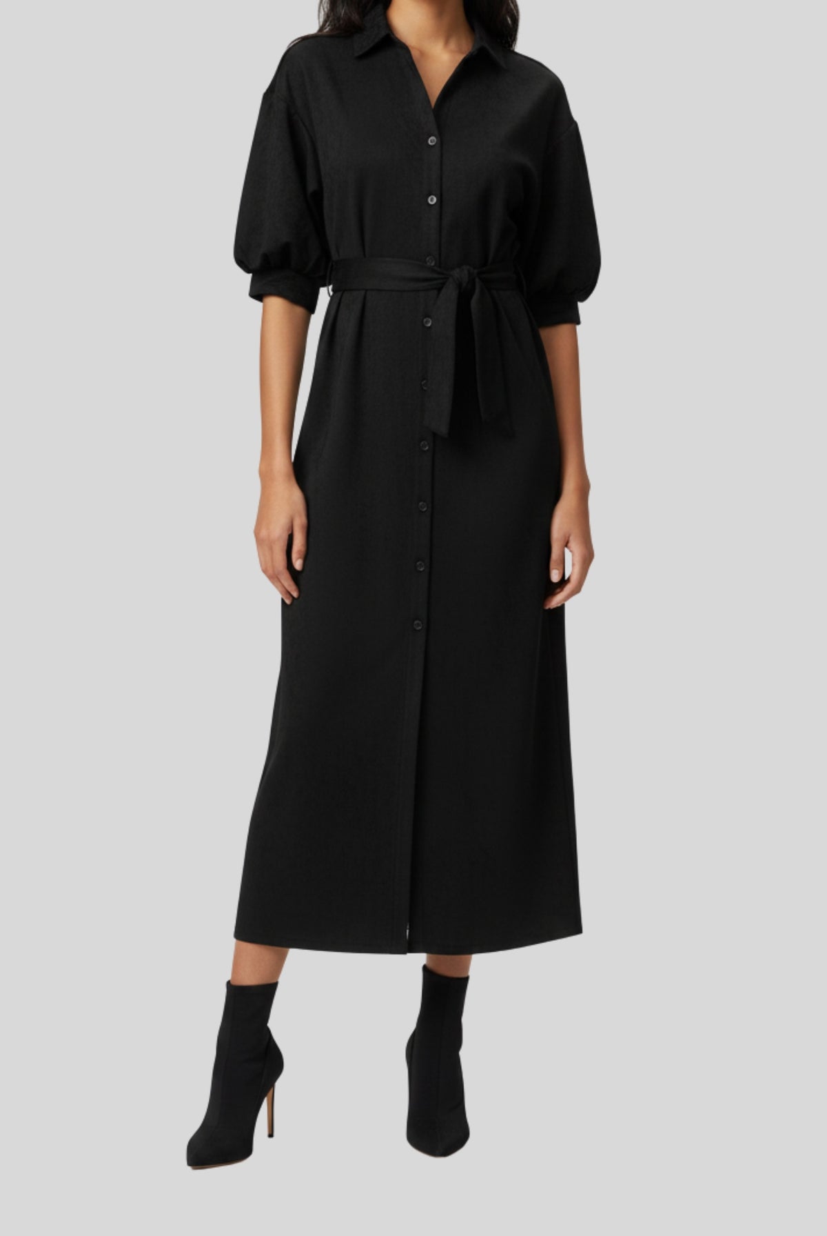 APNY Belted Puff Sleeve Shirtdress in Black-Midi Dresses-APNY-Deja Nu Boutique, Women's Fashion Boutique in Lampasas, Texas