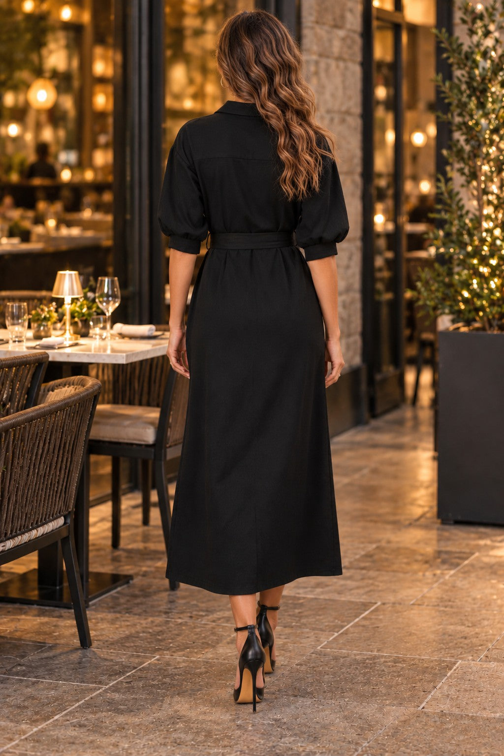 APNY Belted Puff Sleeve Shirtdress in Black-Midi Dresses-APNY-Deja Nu Boutique, Women's Fashion Boutique in Lampasas, Texas
