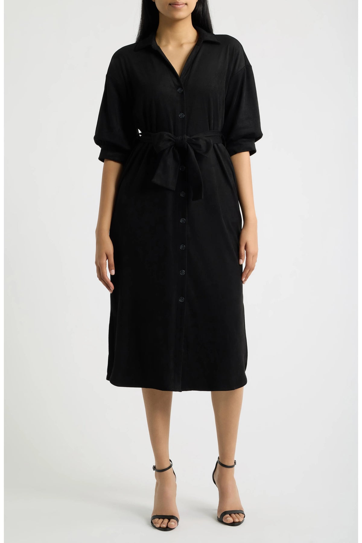 APNY Belted Puff Sleeve Shirtdress in Black-Midi Dresses-APNY-Deja Nu Boutique, Women's Fashion Boutique in Lampasas, Texas