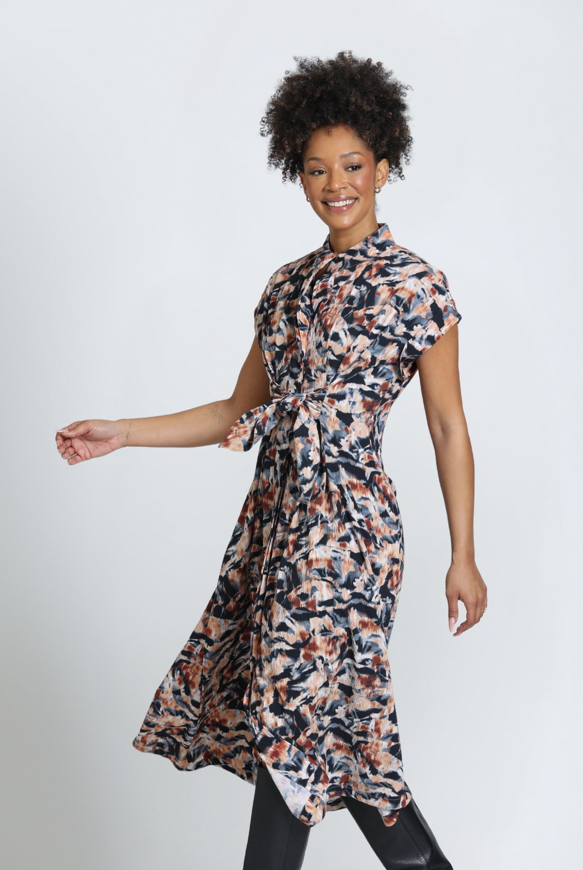 APNY Tie Front Midi Dress in Carbon & Copper Glow-Midi Dresses-APNY-Deja Nu Boutique, Women's Fashion Boutique in Lampasas, Texas