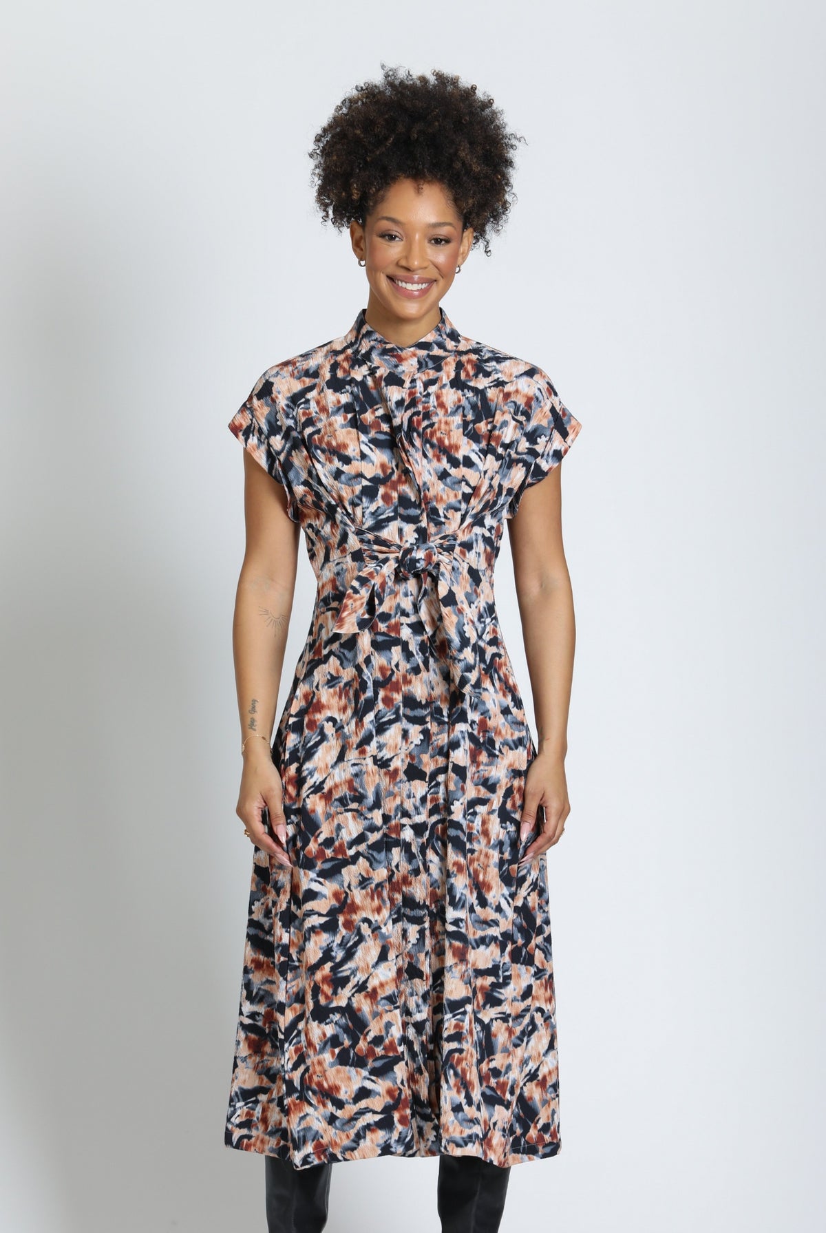 APNY Tie Front Midi Dress in Carbon & Copper Glow-Midi Dresses-APNY-Deja Nu Boutique, Women's Fashion Boutique in Lampasas, Texas