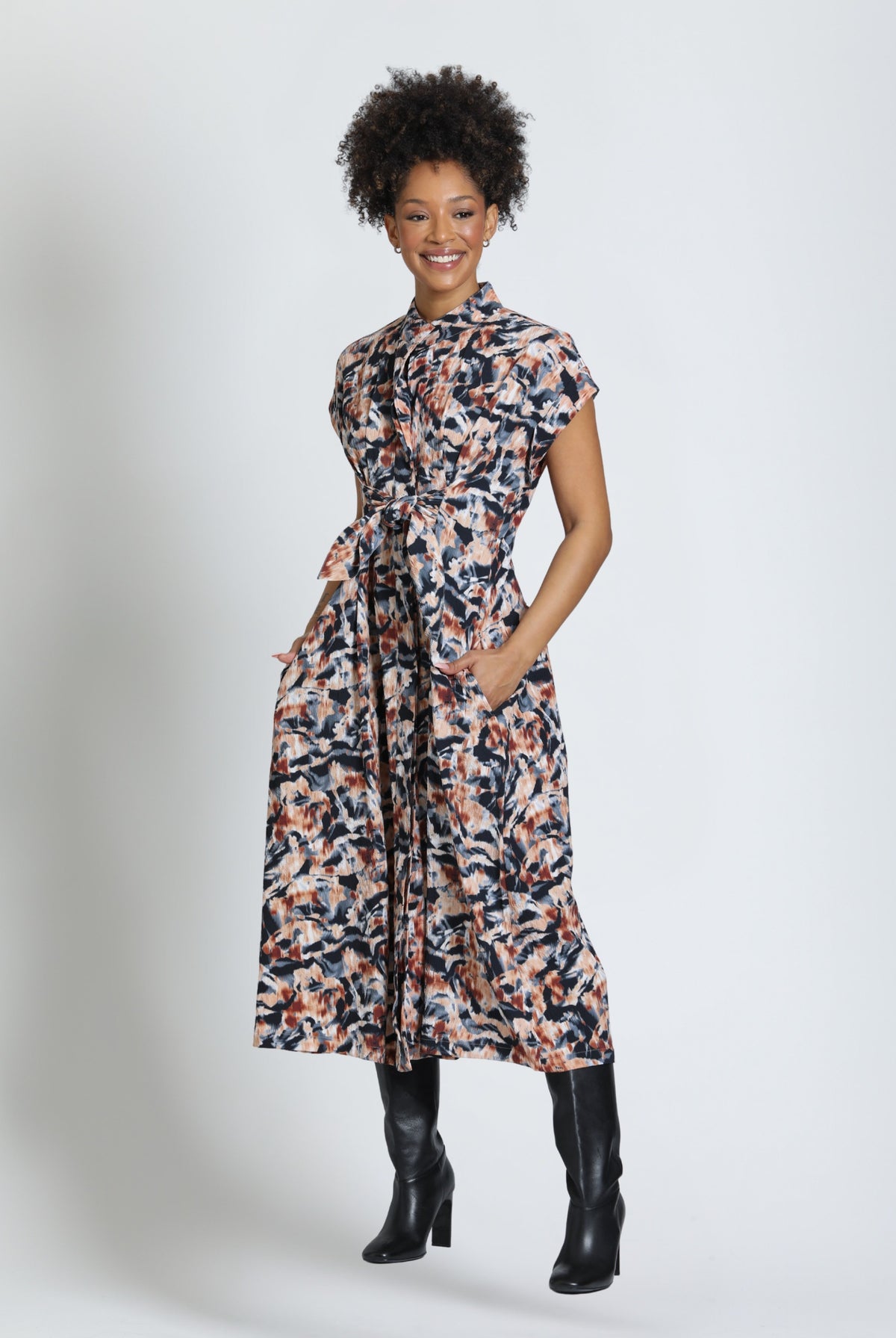 APNY Tie Front Midi Dress in Carbon & Copper Glow-Midi Dresses-APNY-Deja Nu Boutique, Women's Fashion Boutique in Lampasas, Texas