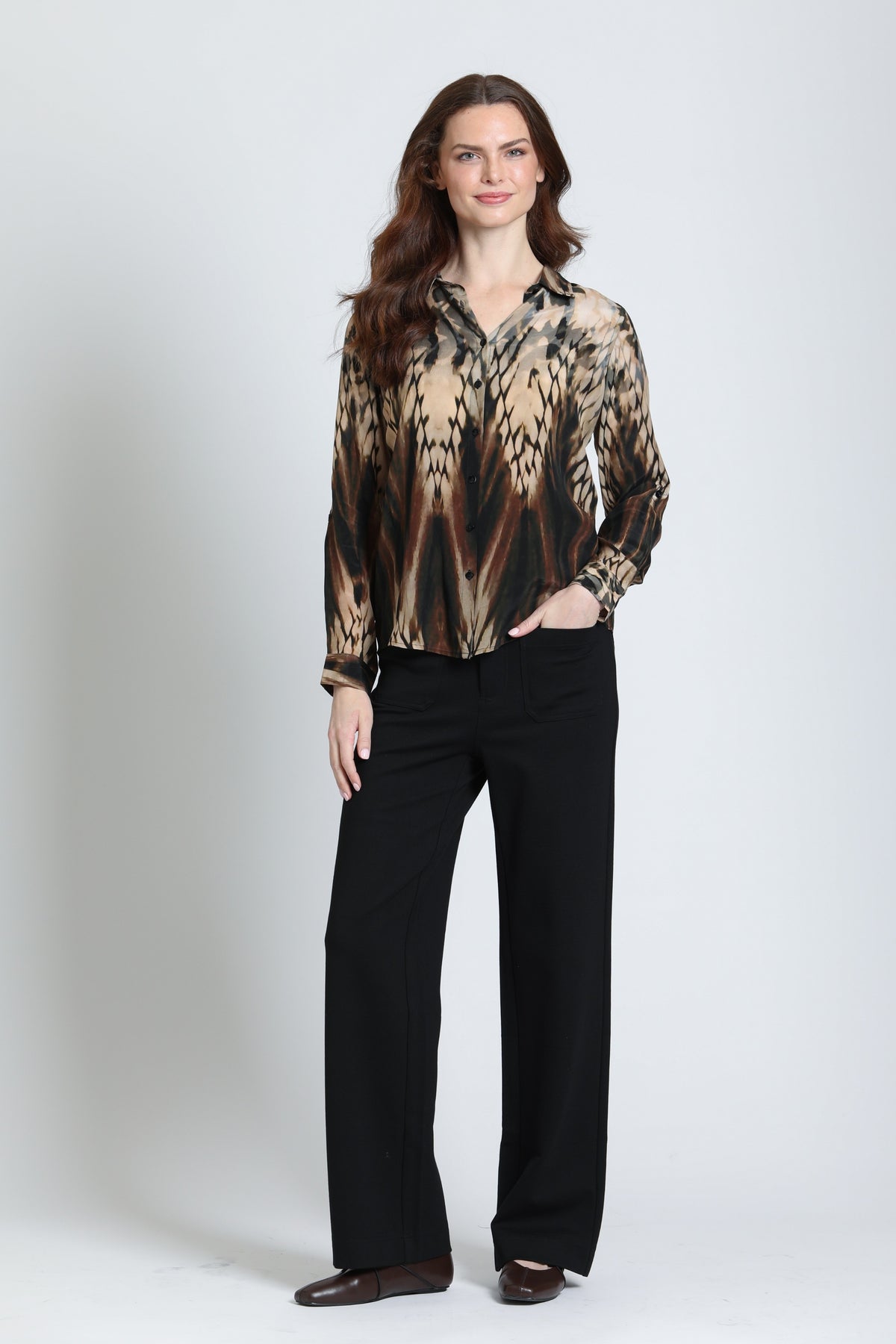 APNY Roll-Up Sleeve Button-Up Blouse in Espresso and Stone-shirts-APNY-Deja Nu Boutique, Women's Fashion Boutique in Lampasas, Texas