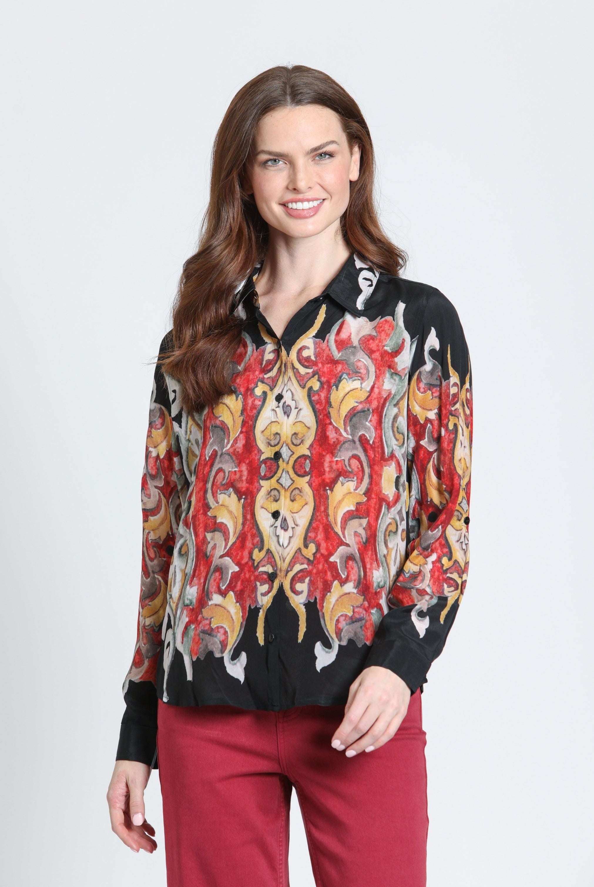 APNY Flames Crimson & Gilded Onyx Button-Up Blouse-shirts-APNY-Deja Nu Boutique, Women's Fashion Boutique in Lampasas, Texas