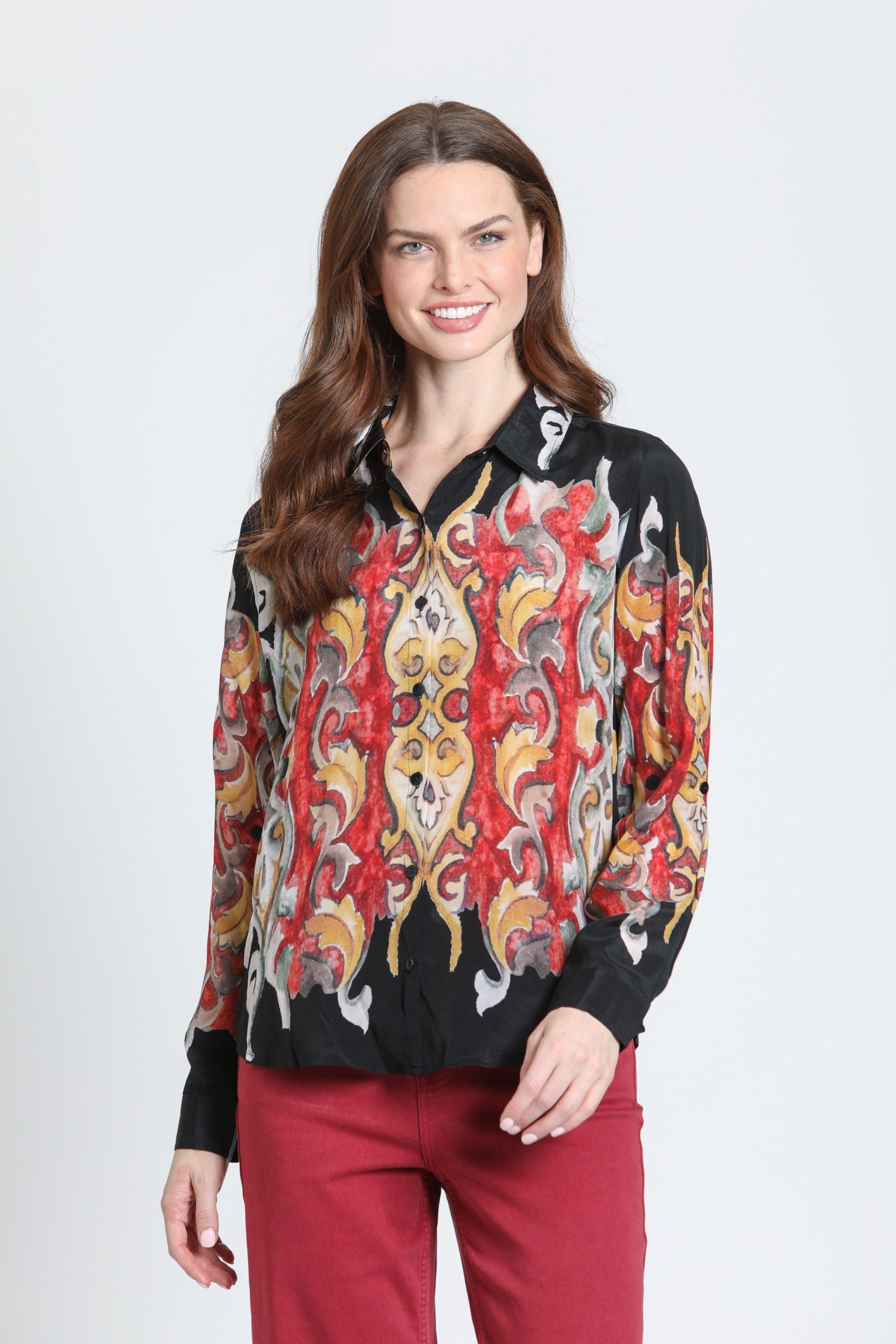 APNY Flames Crimson & Gilded Onyx Button-Up Blouse-shirts-APNY-Deja Nu Boutique, Women's Fashion Boutique in Lampasas, Texas