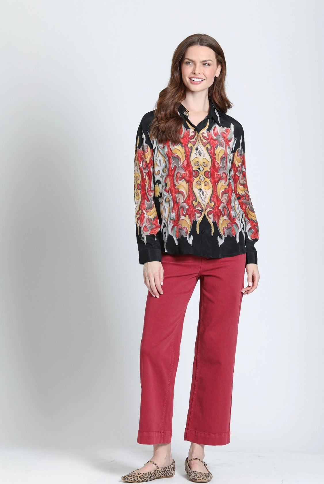 APNY Flames Crimson & Gilded Onyx Button-Up Blouse-shirts-APNY-Deja Nu Boutique, Women's Fashion Boutique in Lampasas, Texas