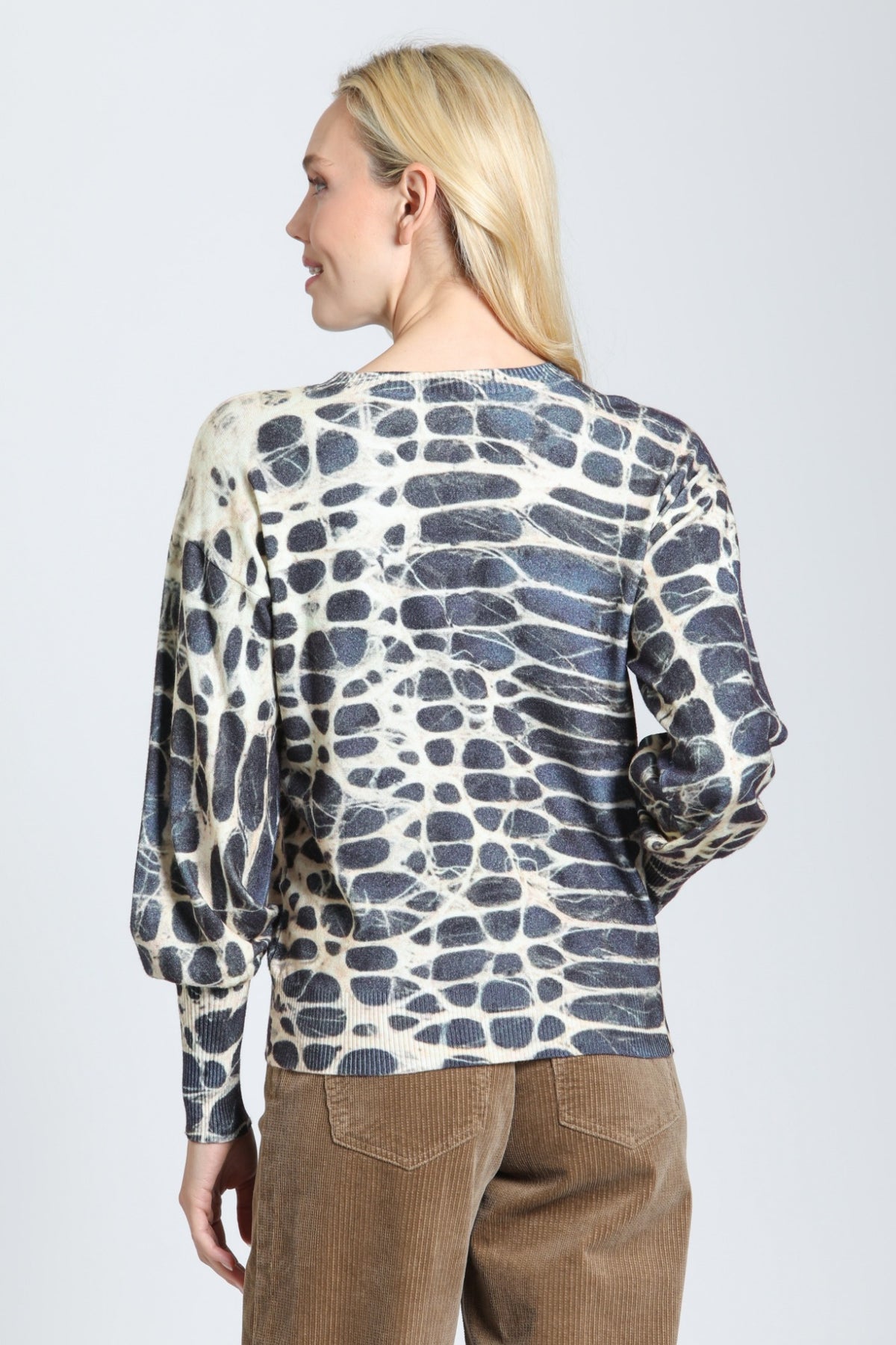 APNY Monochrome Reptile Crewneck Sweater in Smoky Monochrome-Sweaters-APNY-Deja Nu Boutique, Women's Fashion Boutique in Lampasas, Texas