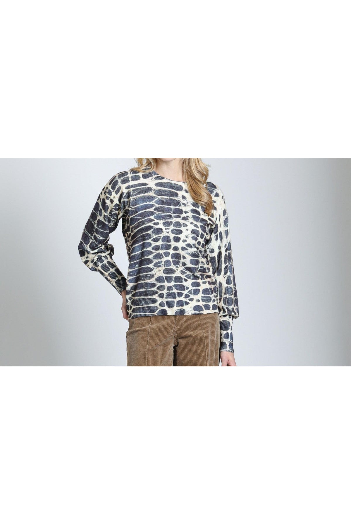 APNY Monochrome Reptile Crewneck Sweater in Smoky Monochrome-Sweaters-APNY-Deja Nu Boutique, Women's Fashion Boutique in Lampasas, Texas