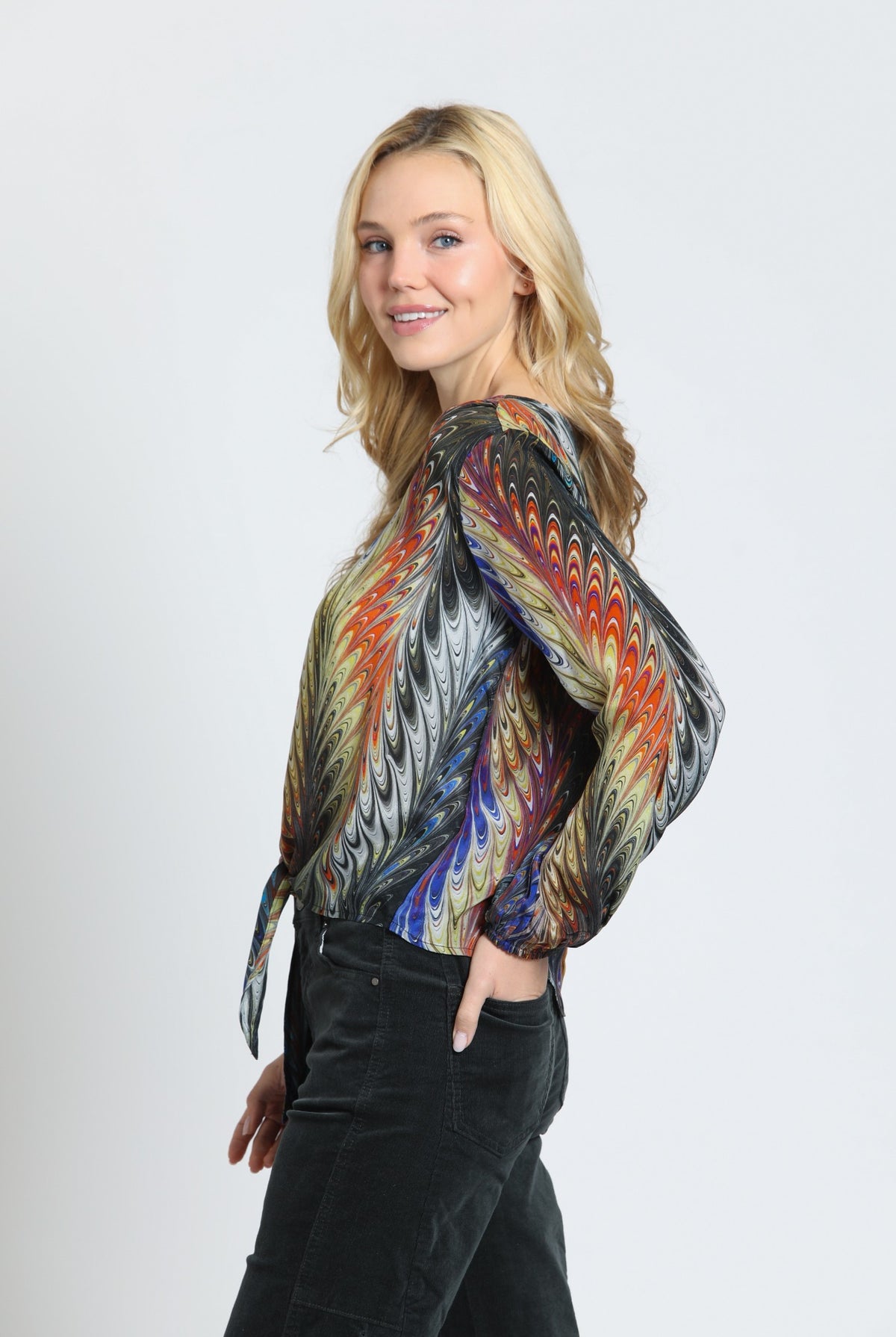 APNY Prismatic Harvest V-Neck Tie Front Top-Tops-APNY-Deja Nu Boutique, Women's Fashion Boutique in Lampasas, Texas