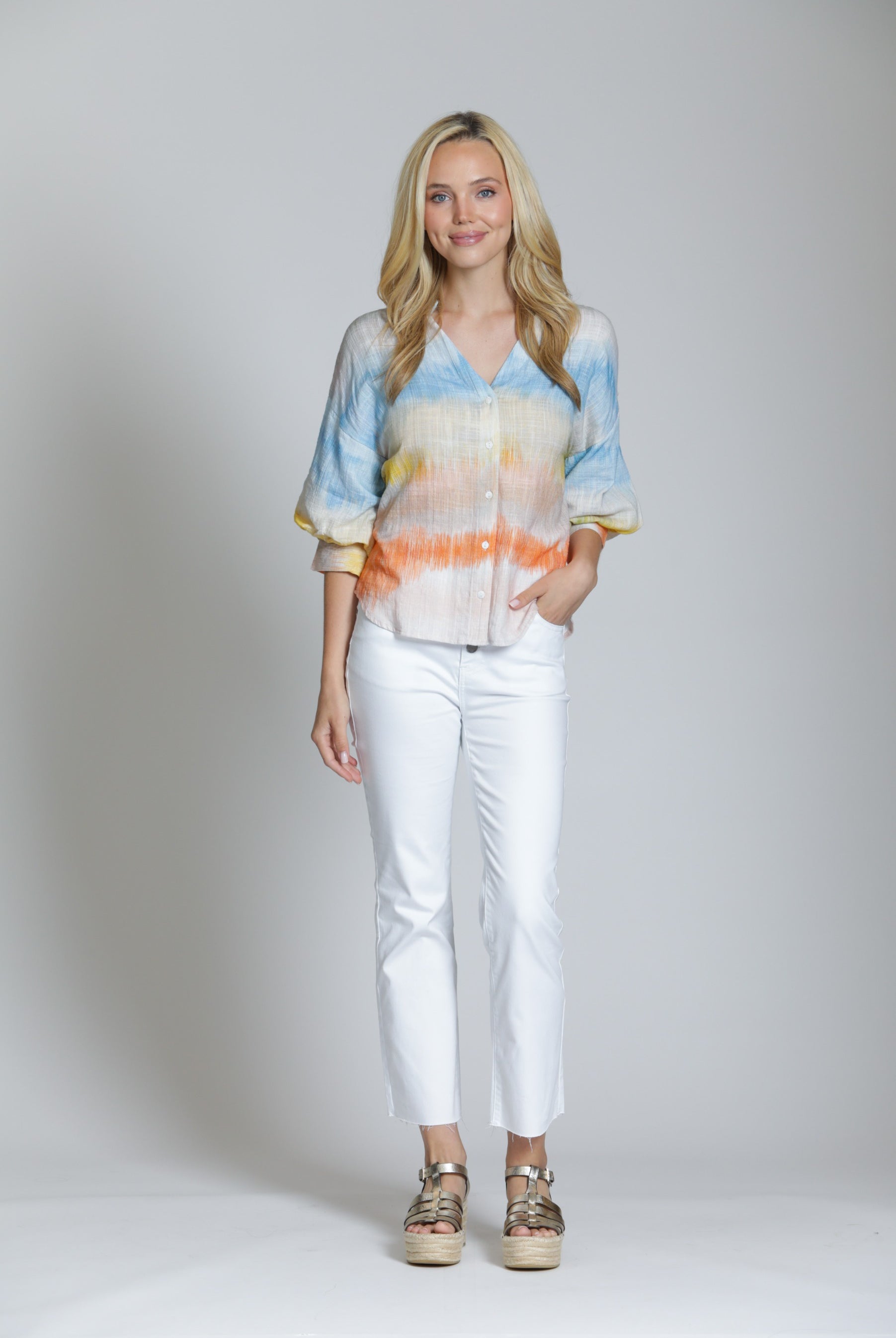 APNY Watercolor Blouson Sleeve Shirt in Multi-Tops-APNY-Deja Nu Boutique, Women's Fashion Boutique in Lampasas, Texas