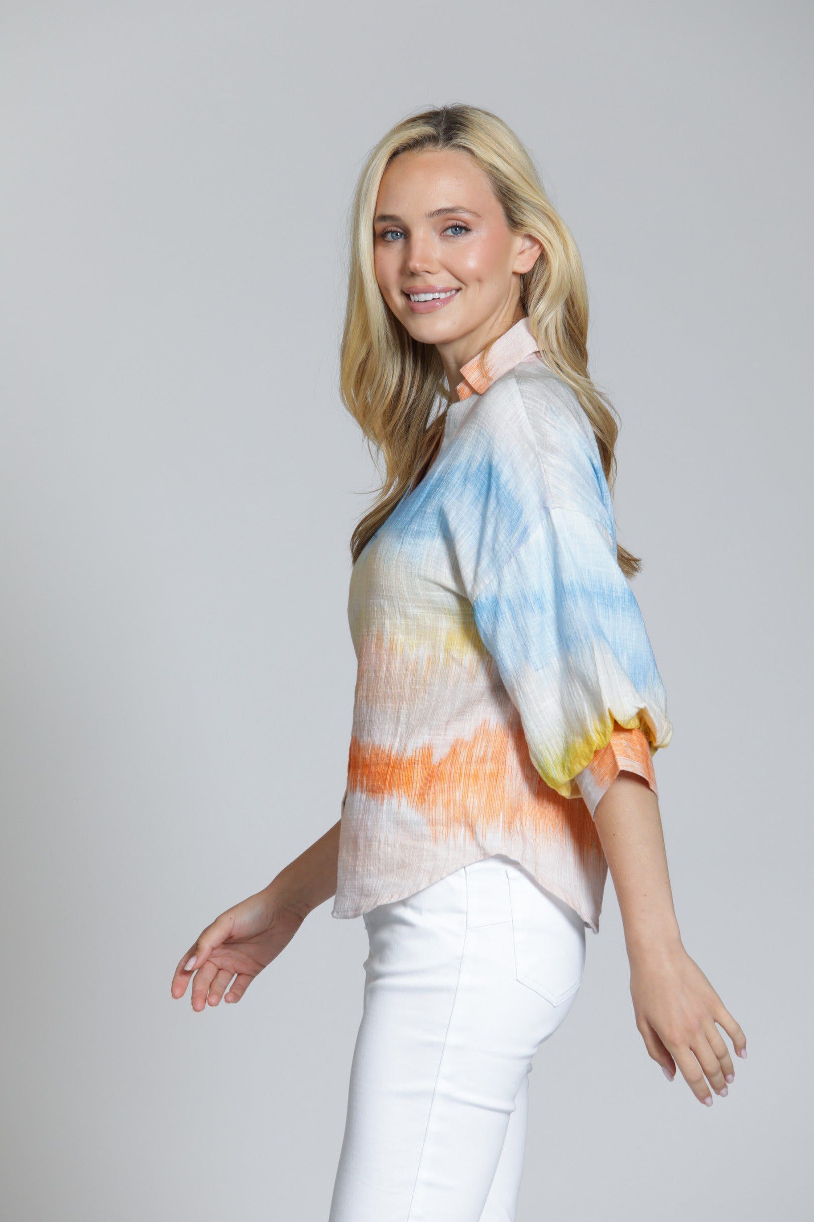 APNY Watercolor Blouson Sleeve Shirt in Multi-Tops-APNY-Deja Nu Boutique, Women's Fashion Boutique in Lampasas, Texas