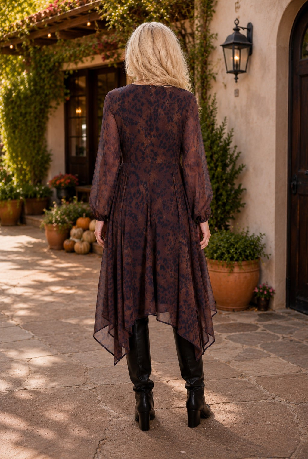 Apricot Brushed Distressed Leopard Hanky Hem Dress in Brown-Midi Dresses-Apricot-Deja Nu Boutique, Women's Fashion Boutique in Lampasas, Texas