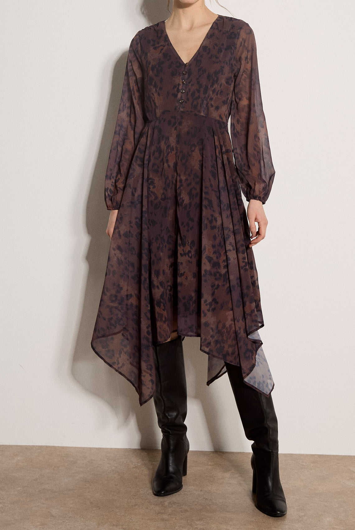 Apricot Brushed Distressed Leopard Hanky Hem Dress in Brown-Midi Dresses-Apricot-Deja Nu Boutique, Women's Fashion Boutique in Lampasas, Texas