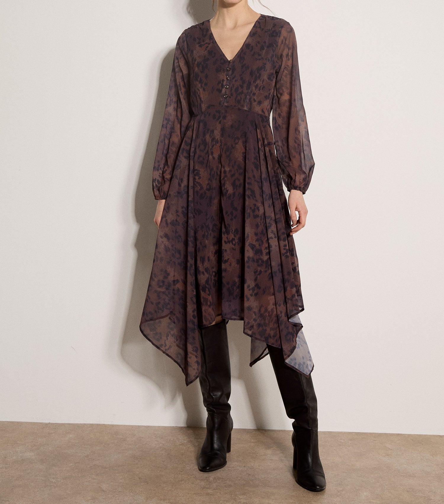 Apricot Brushed Distressed Leopard Hanky Hem Dress in Brown-Midi Dresses-Apricot-Deja Nu Boutique, Women's Fashion Boutique in Lampasas, Texas