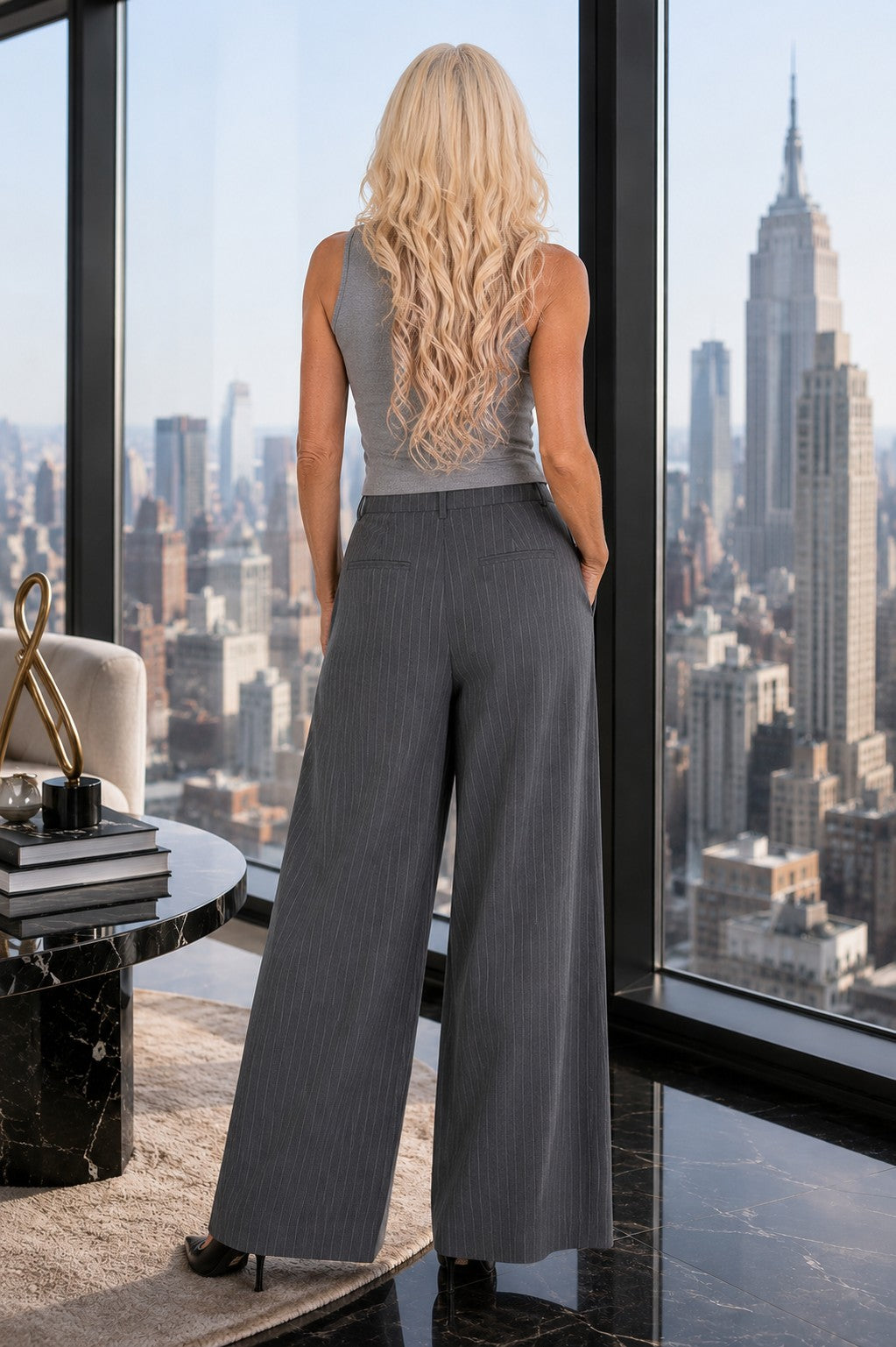 Apricot Inverted Pleat Pinstripe Wide Leg Trouser in Grey-trousers-Apricot-Deja Nu Boutique, Women's Fashion Boutique in Lampasas, Texas