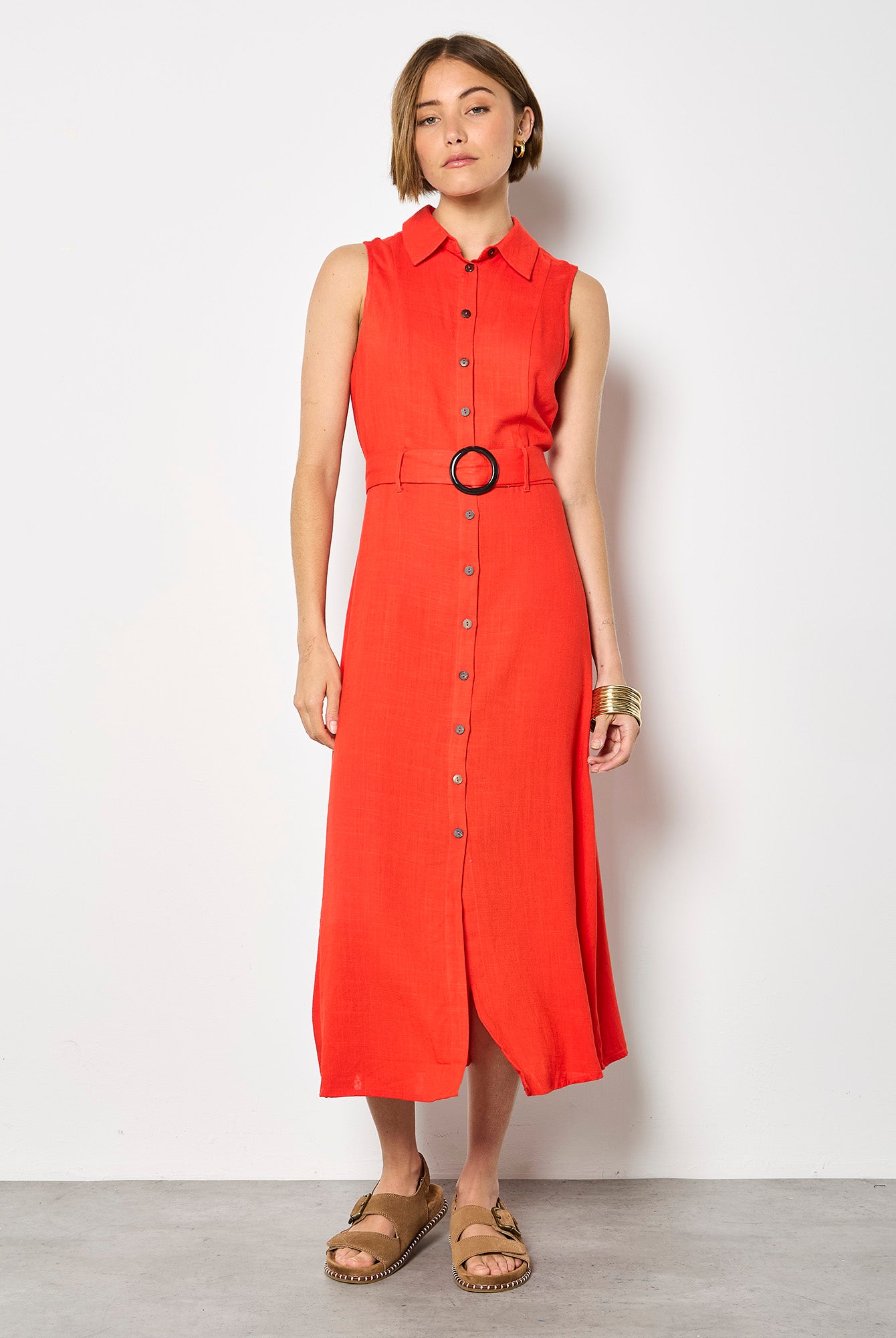 Apricot Sleeveless Belted Shirt Midi Dress in Red-Midi Dresses-Apricot-Deja Nu Boutique, Women's Fashion Boutique in Lampasas, Texas