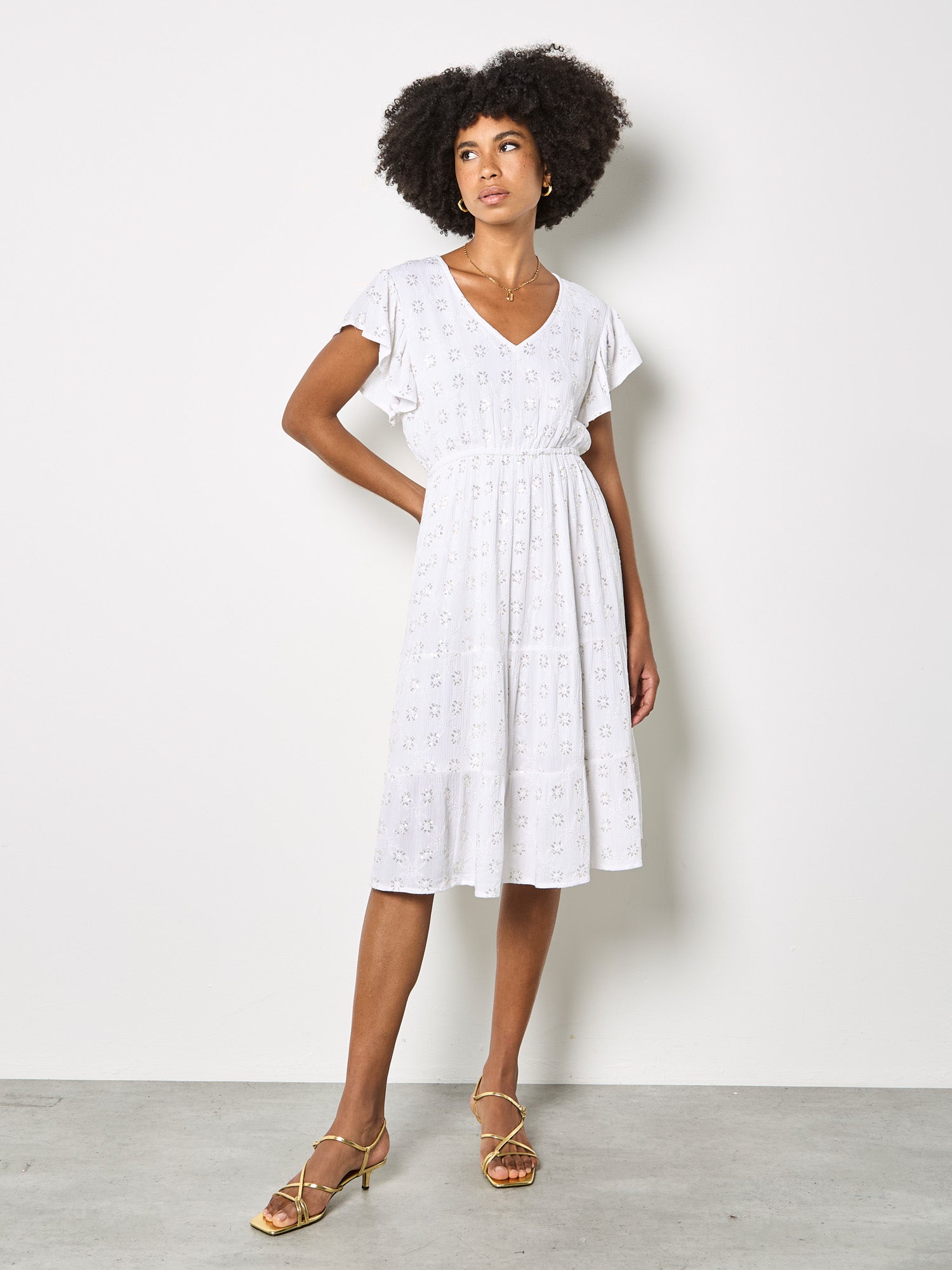 Apricot Sequin Embroidered Flower Ruffle Sleeve Dress in White-Midi Dresses-Apricot-Deja Nu Boutique, Women's Fashion Boutique in Lampasas, Texas