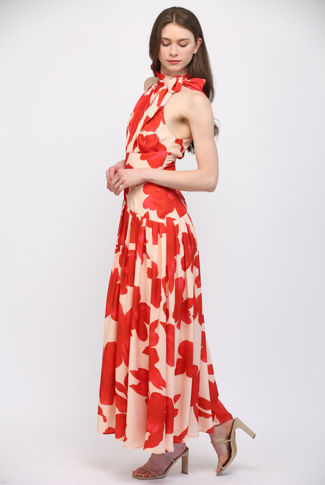 Fate Bold Floral Halter Maxi Dress in Pale Peach & Orange-Maxi Dresses-Fate-Deja Nu Boutique, Women's Fashion Boutique in Lampasas, Texas