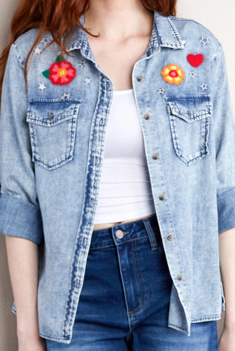 Billy T Birds of a Feather Embroidered Denim Shirt-shirts-Billy T-Deja Nu Boutique, Women's Fashion Boutique in Lampasas, Texas