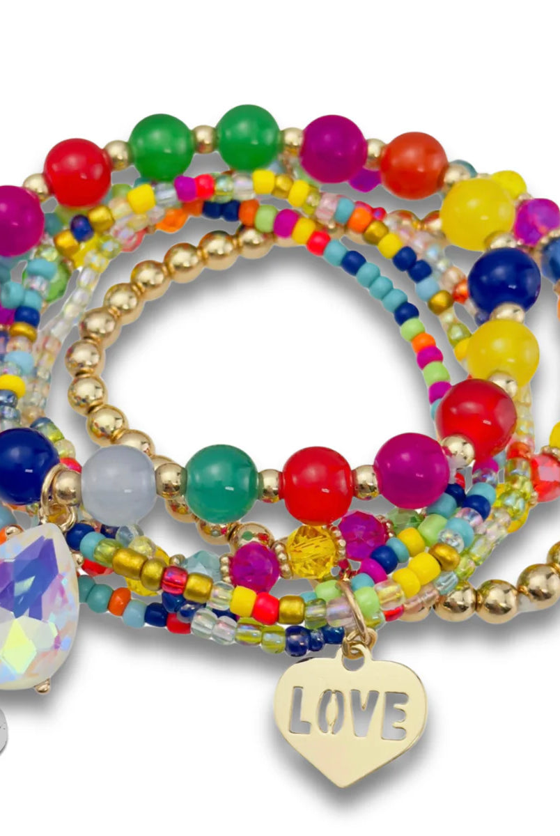 Pink Panache Multi-Color Bead Bracelet Set with LOVE Charm-Bracelets-Pink Panache-Deja Nu Boutique, Women's Fashion Boutique in Lampasas, Texas