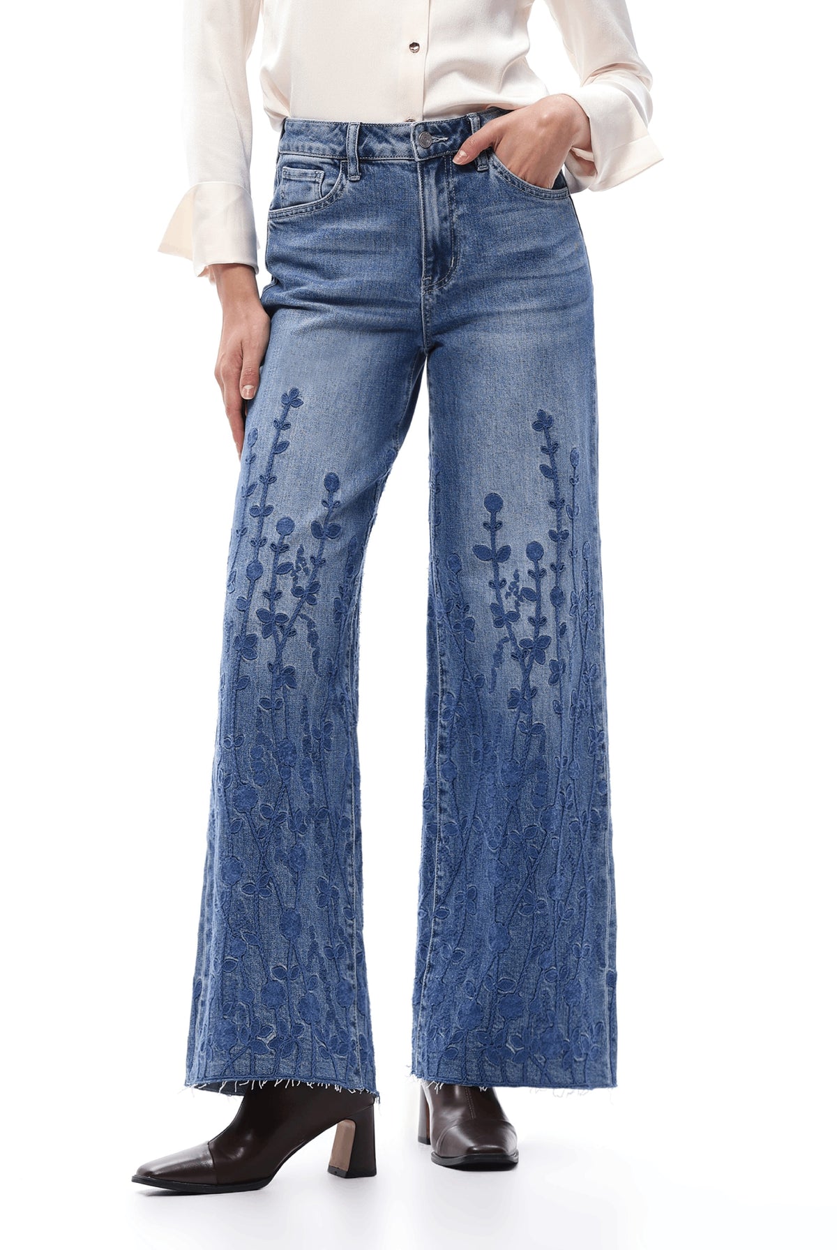 Bayeas High Rise Embroidered Wide Leg Jeans in Medium Blue-Jeans-Bayeas-Deja Nu Boutique, Women's Fashion Boutique in Lampasas, Texas