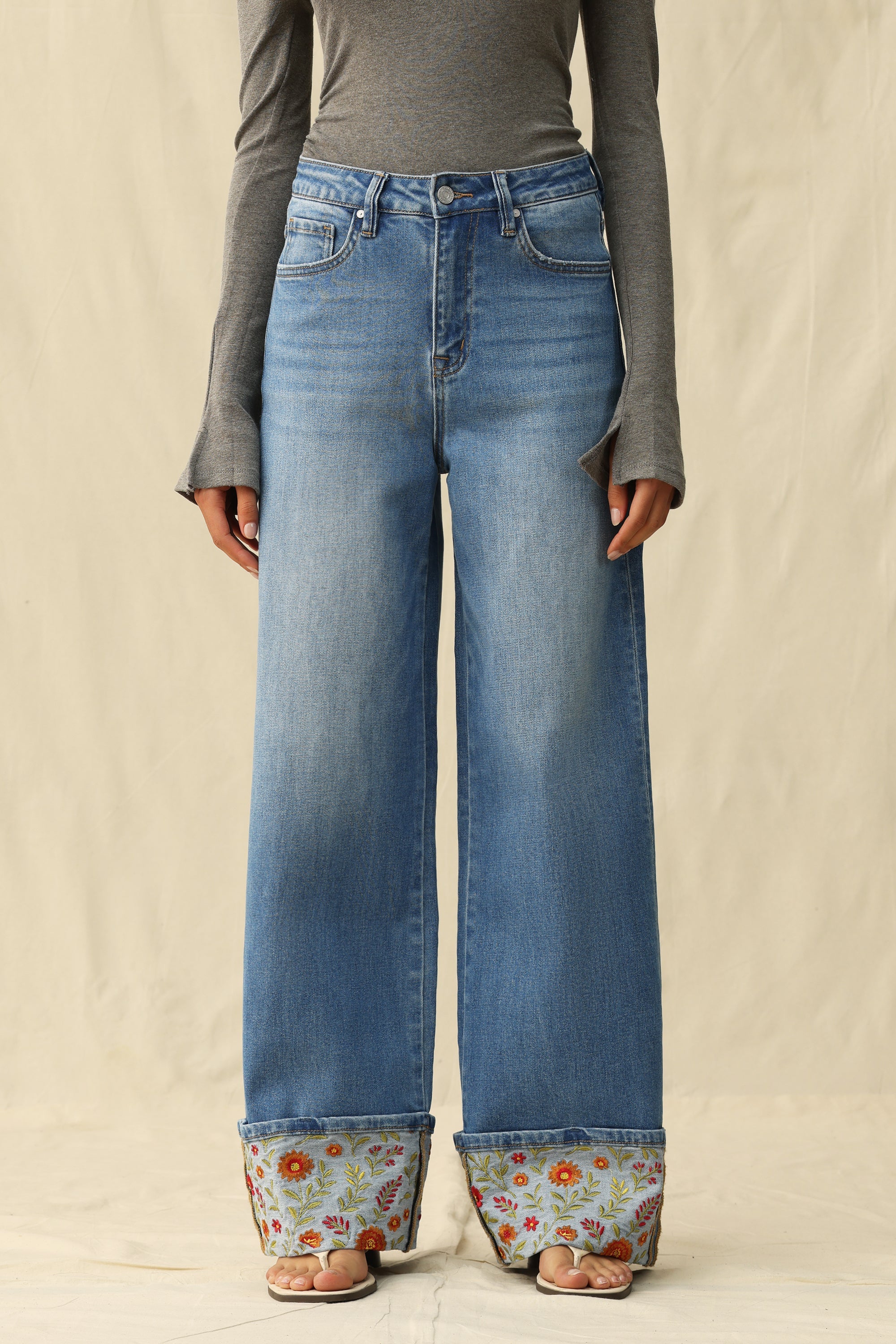 Bayeas High Rise Wide Leg Embroidered Cuff Jeans in Medium Blue-Jeans-Bayeas-Deja Nu Boutique, Women's Fashion Boutique in Lampasas, Texas