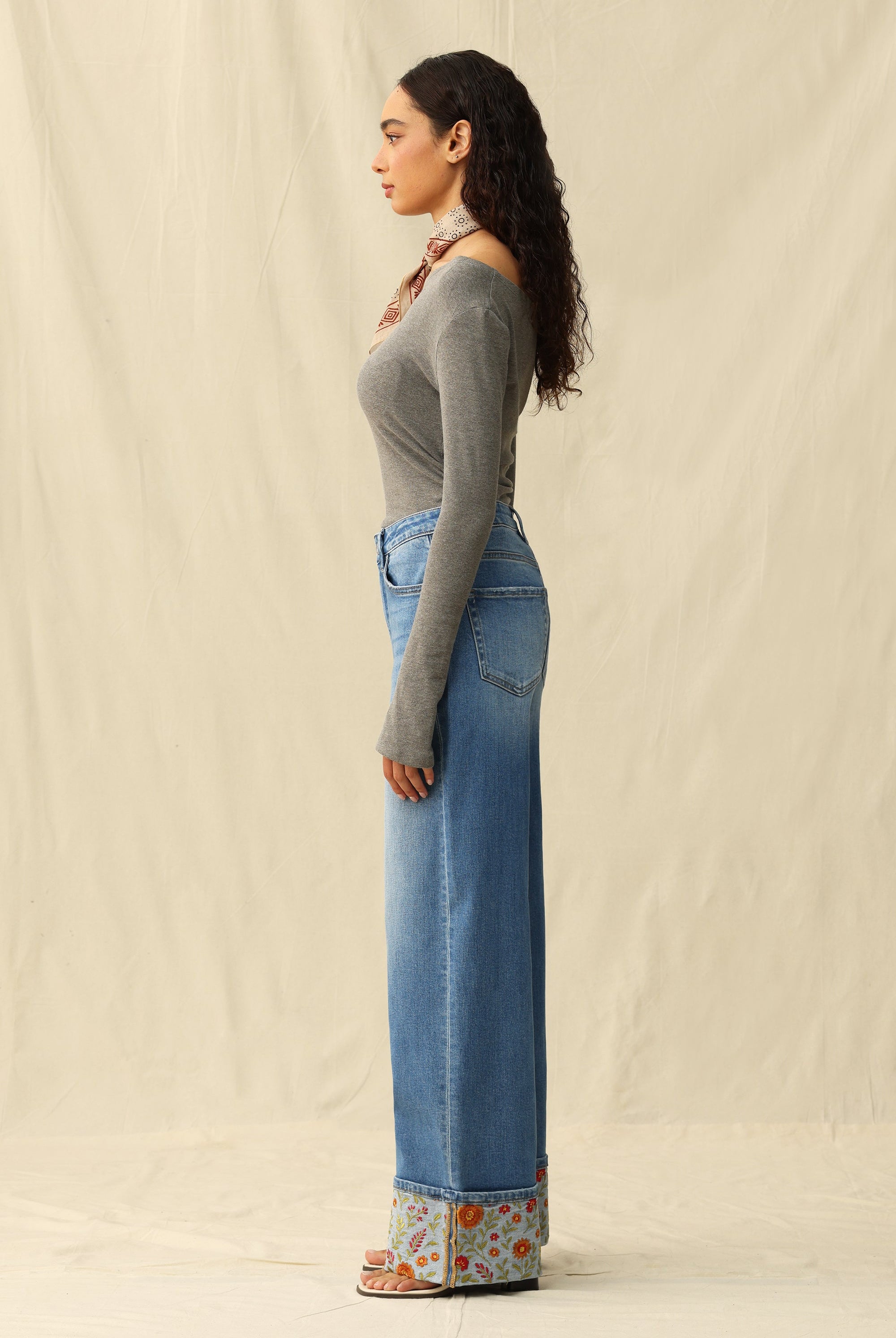 Bayeas High Rise Wide Leg Embroidered Cuff Jeans in Medium Blue-Jeans-Bayeas-Deja Nu Boutique, Women's Fashion Boutique in Lampasas, Texas