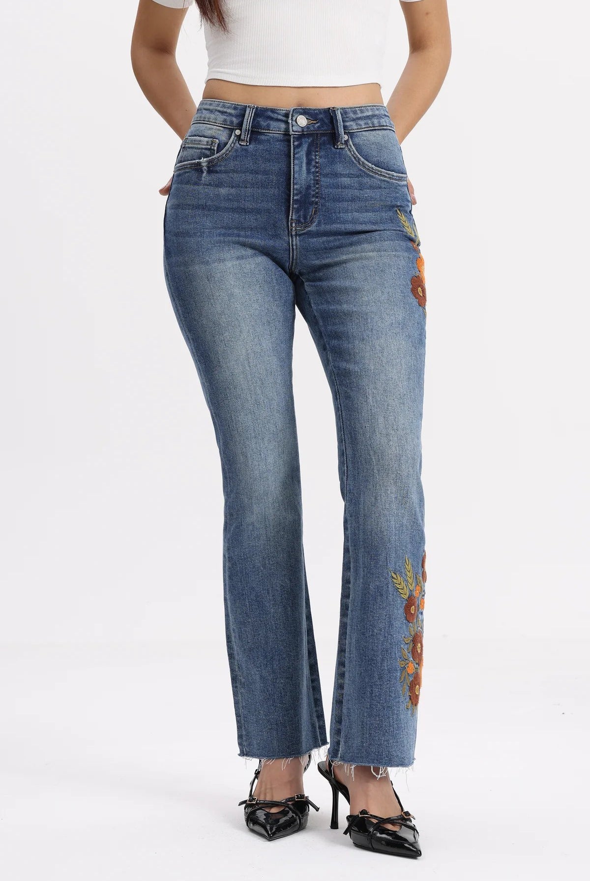 Bayeas Mid Rise Floral Embroidered Raw Hem Bootcut Jeans-Jeans-Bayeas-Deja Nu Boutique, Women's Fashion Boutique in Lampasas, Texas