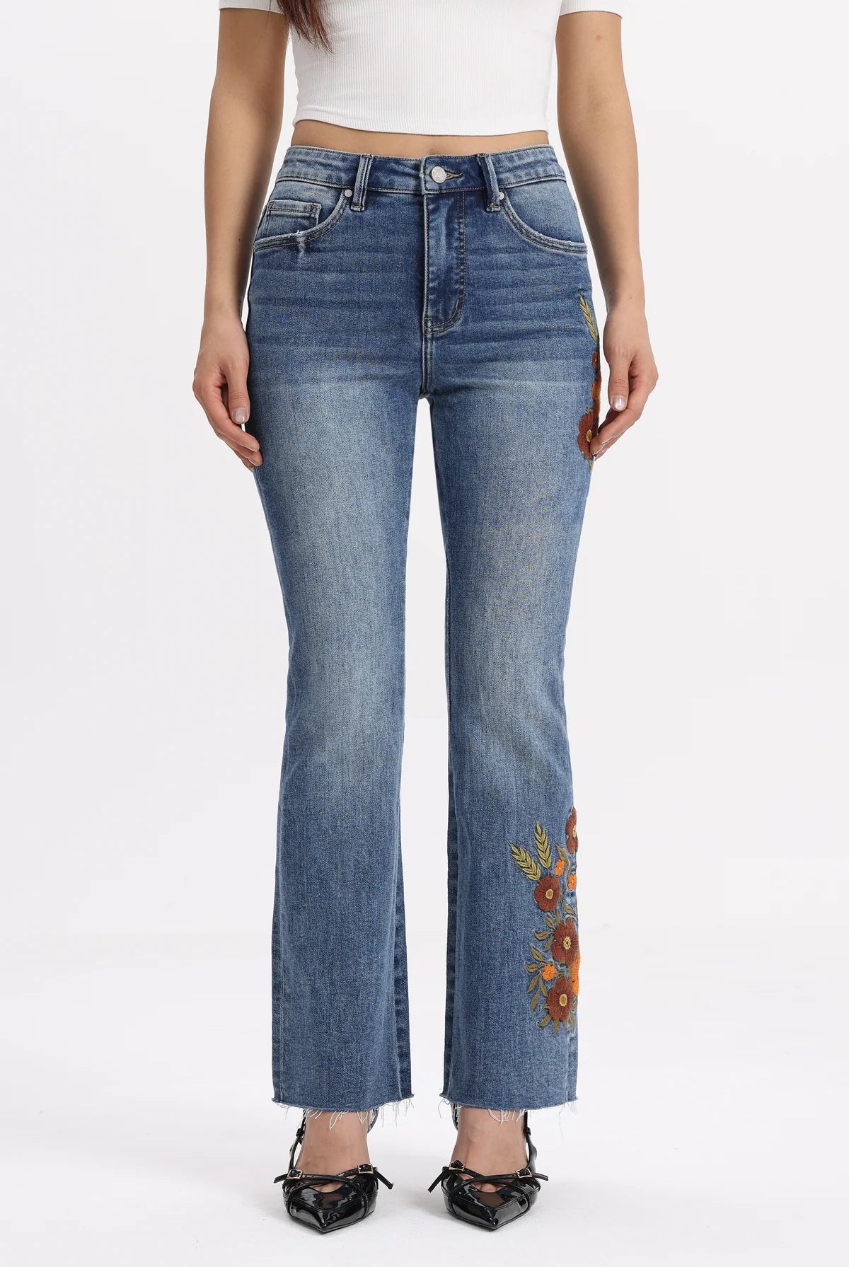 Bayeas Mid Rise Floral Embroidered Raw Hem Bootcut Jeans-Jeans-Bayeas-Deja Nu Boutique, Women's Fashion Boutique in Lampasas, Texas